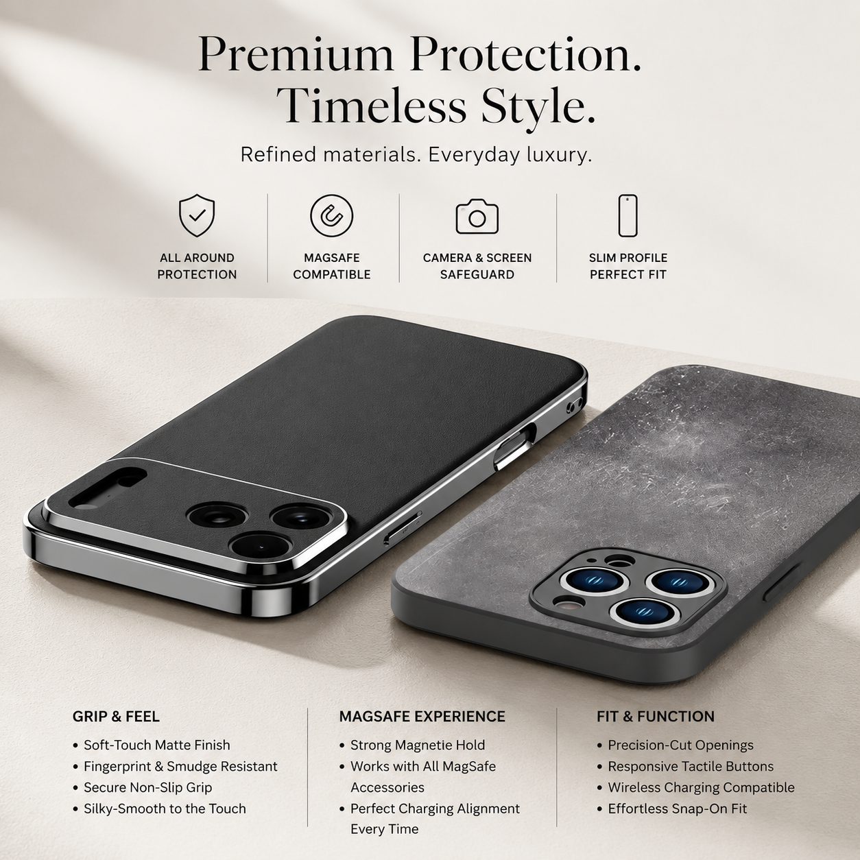 Premium Luxury iPhone Case Genuine Cowhide Leather Cover Shockproof Frame Full Camera Lens Protection Anti Slip Matte Finish Slim Protective Design