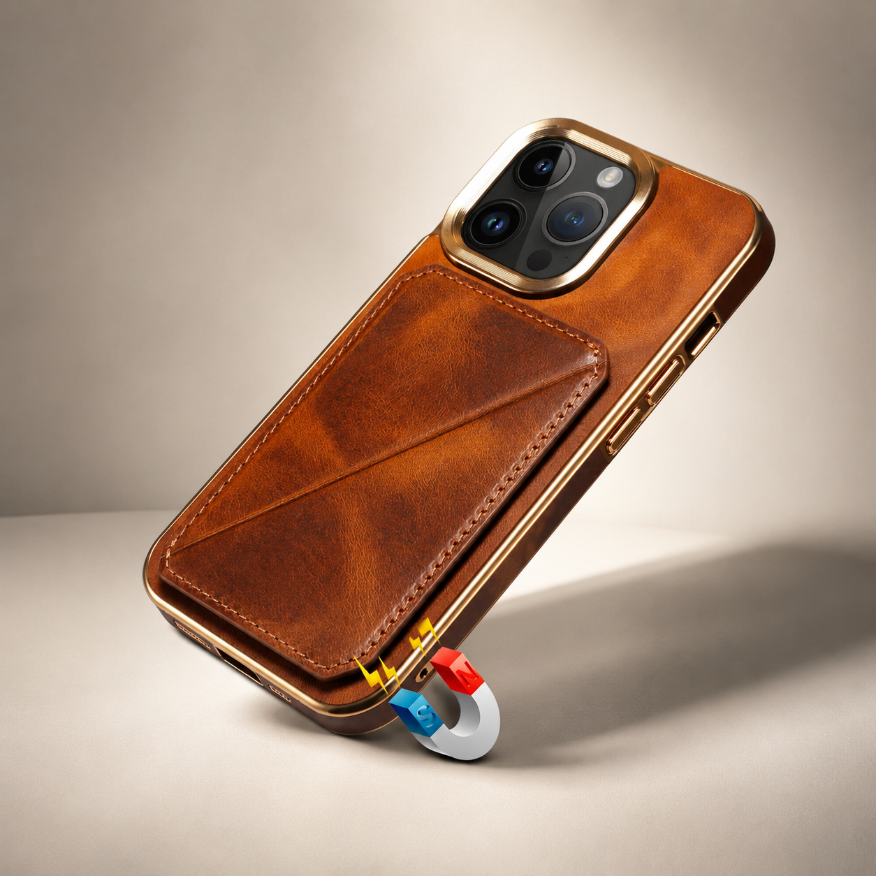 Premium Luxury iPhone Case Genuine Cowhide Leather Wallet Cover Magnetic Card Holder Metal Frame Shockproof Full Body Protection Slim Design Finish