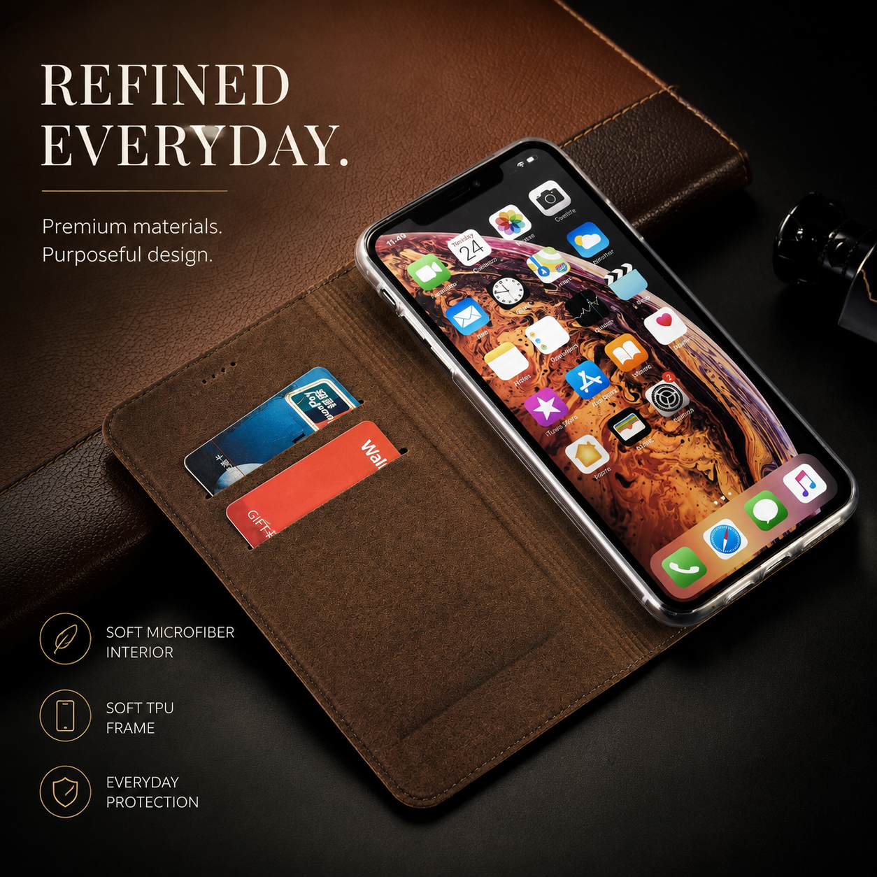 Premium Luxury iPhone Case Genuine Leather Flip Wallet Cover Card Holder Magnetic Closure Shockproof Full Body Protection Slim Elegant Design Finish