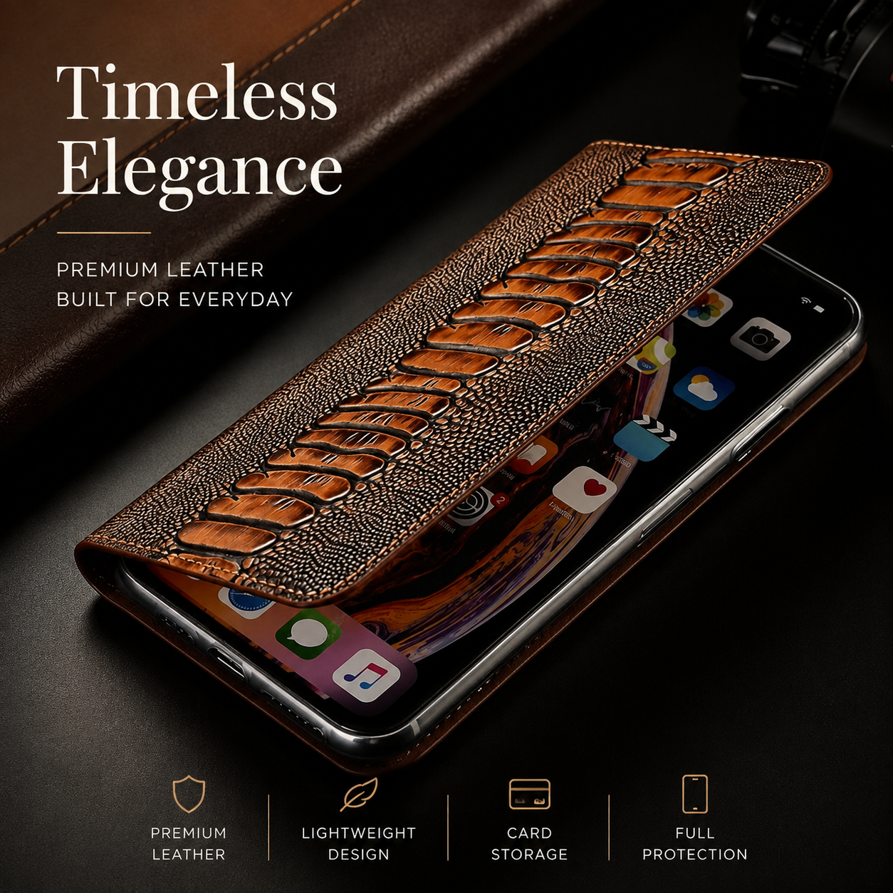 Premium Luxury iPhone Case Genuine Leather Flip Wallet Cover Card Holder Magnetic Closure Shockproof Full Body Protection Slim Elegant Design Finish