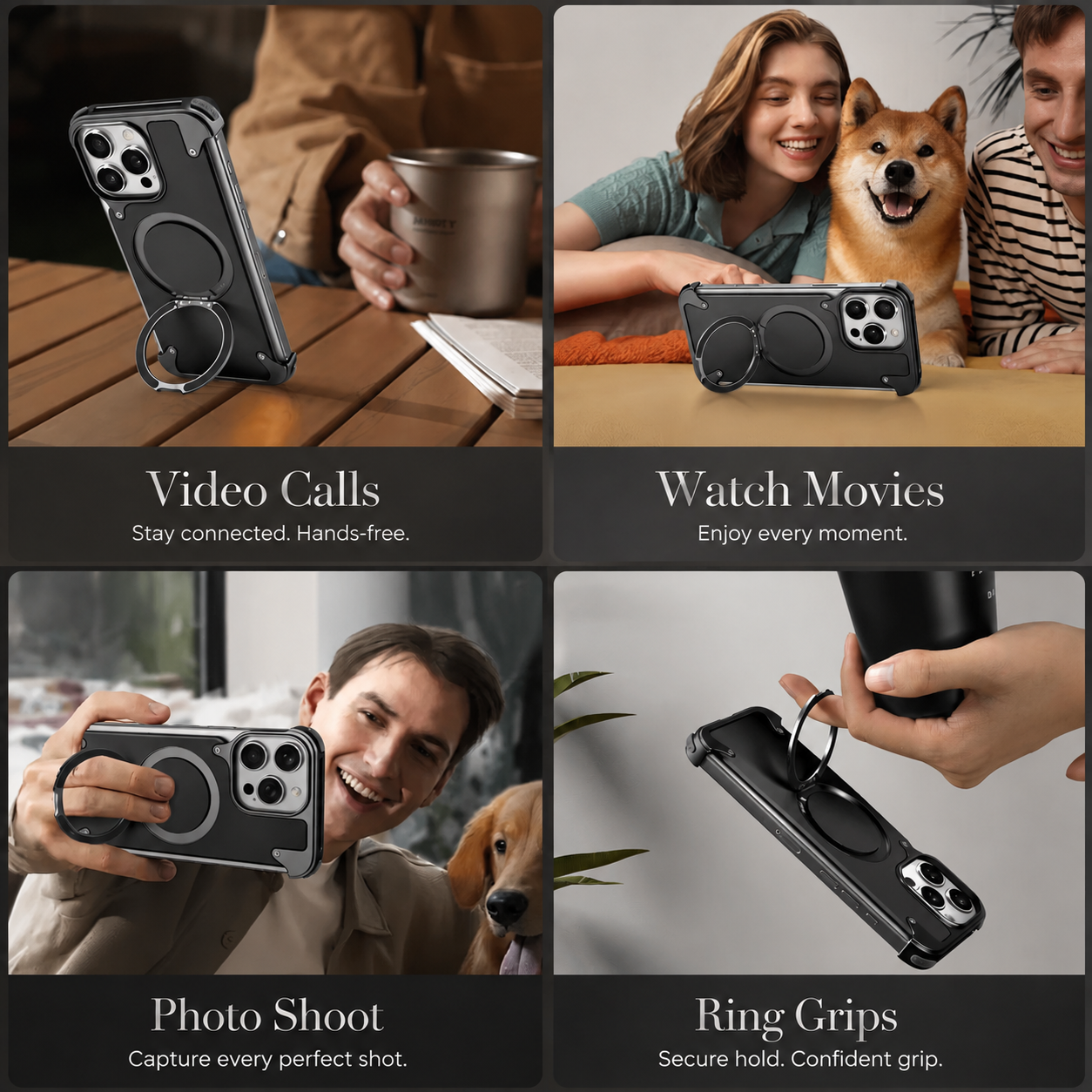 Premium Luxury iPhone Case Genuine Leather MagSafe Compatible Magnetic Cover Rotating Ring Stand Shockproof Frameless Slim Design Finish