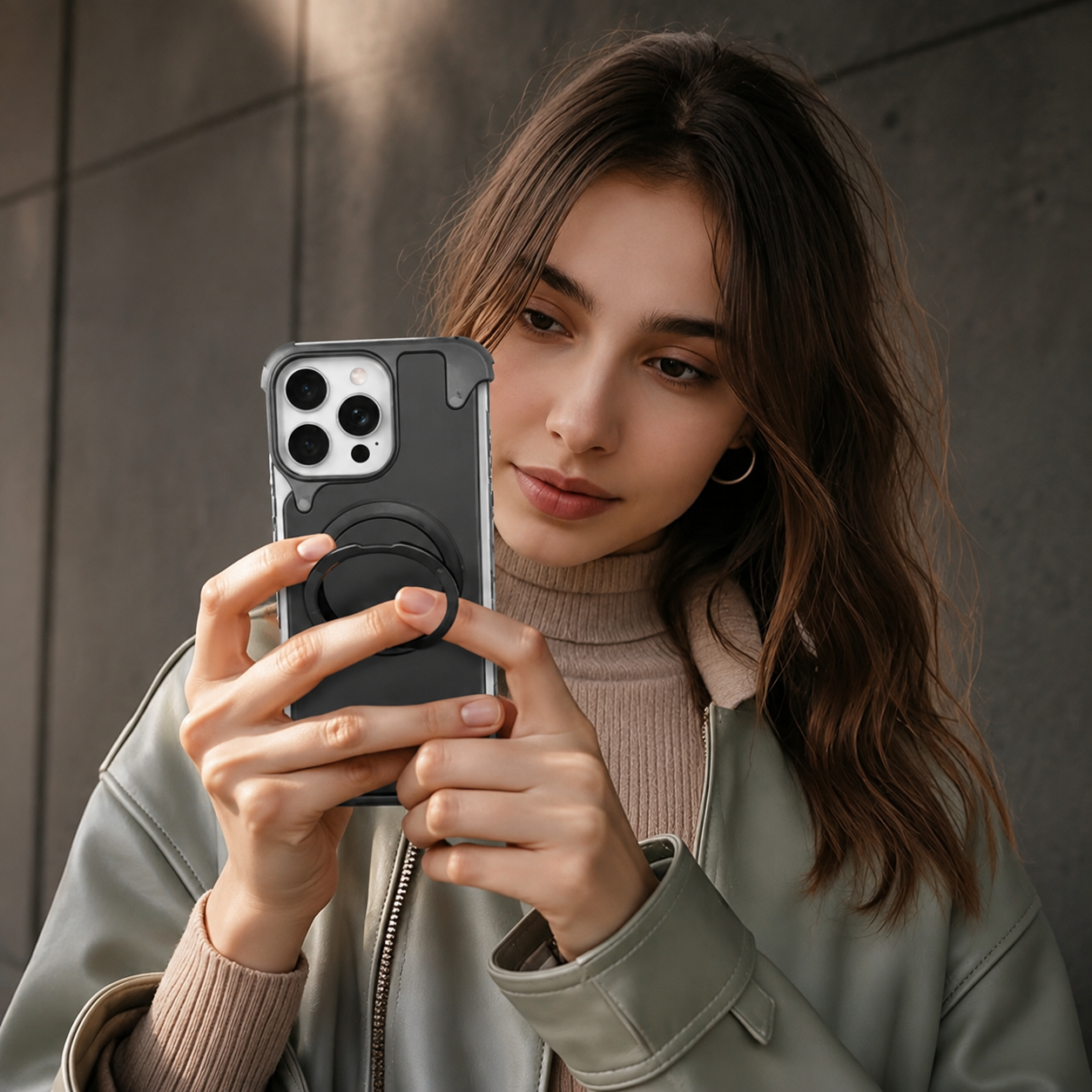 Premium Luxury iPhone Case Genuine Leather MagSafe Compatible Magnetic Cover Rotating Ring Stand Shockproof Frameless Slim Design Finish