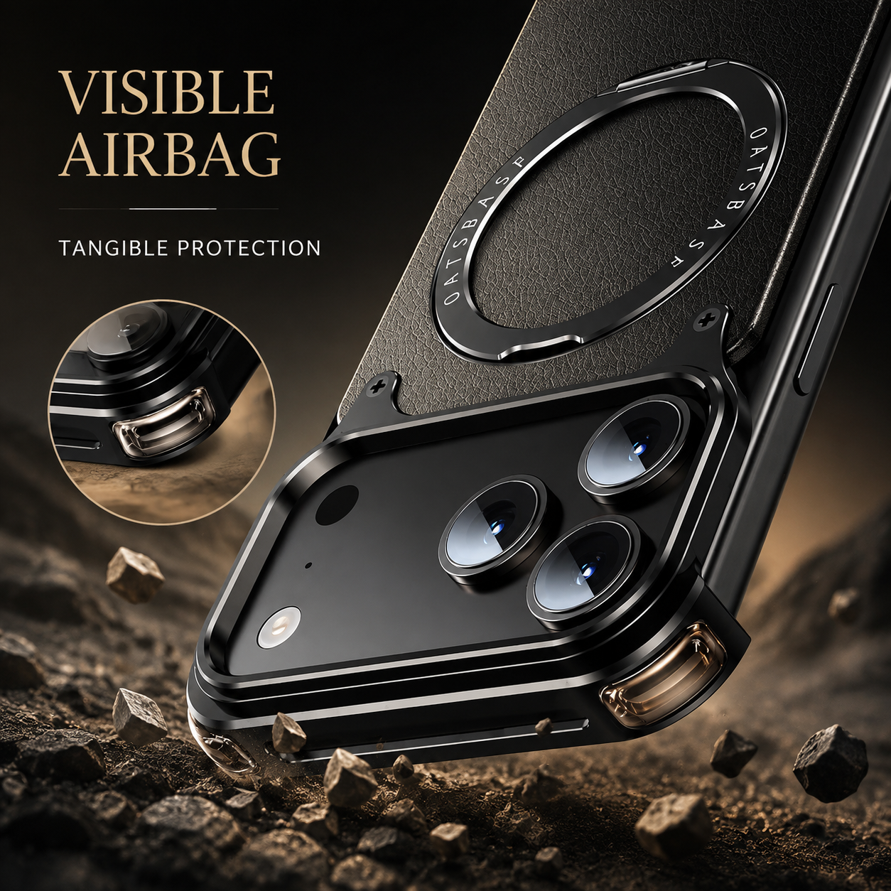 Premium Luxury iPhone Case Genuine Leather MagSafe Compatible Magnetic Cover Rotating Ring Stand Shockproof Frameless Slim Design Finish
