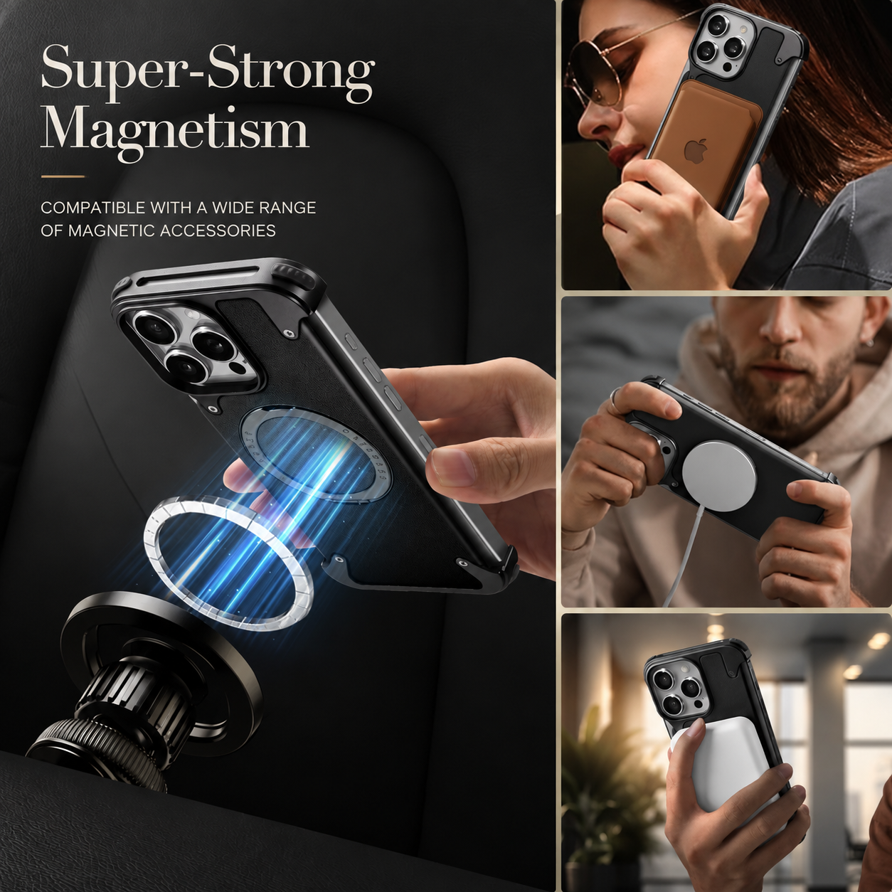 Premium Luxury iPhone Case Genuine Leather MagSafe Compatible Magnetic Cover Rotating Ring Stand Shockproof Frameless Slim Design Finish