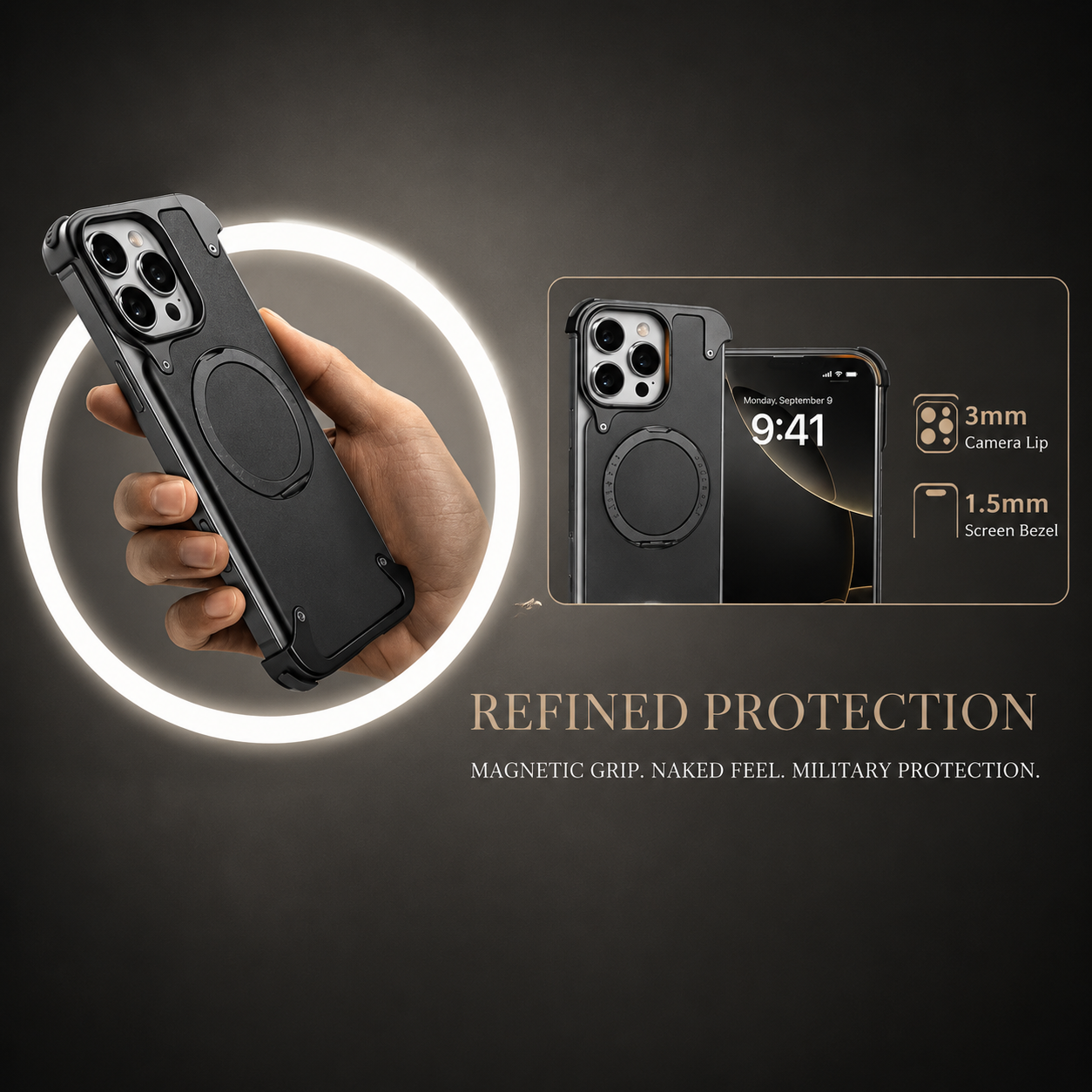 Premium Luxury iPhone Case Genuine Leather MagSafe Compatible Magnetic Cover Rotating Ring Stand Shockproof Frameless Slim Design Finish
