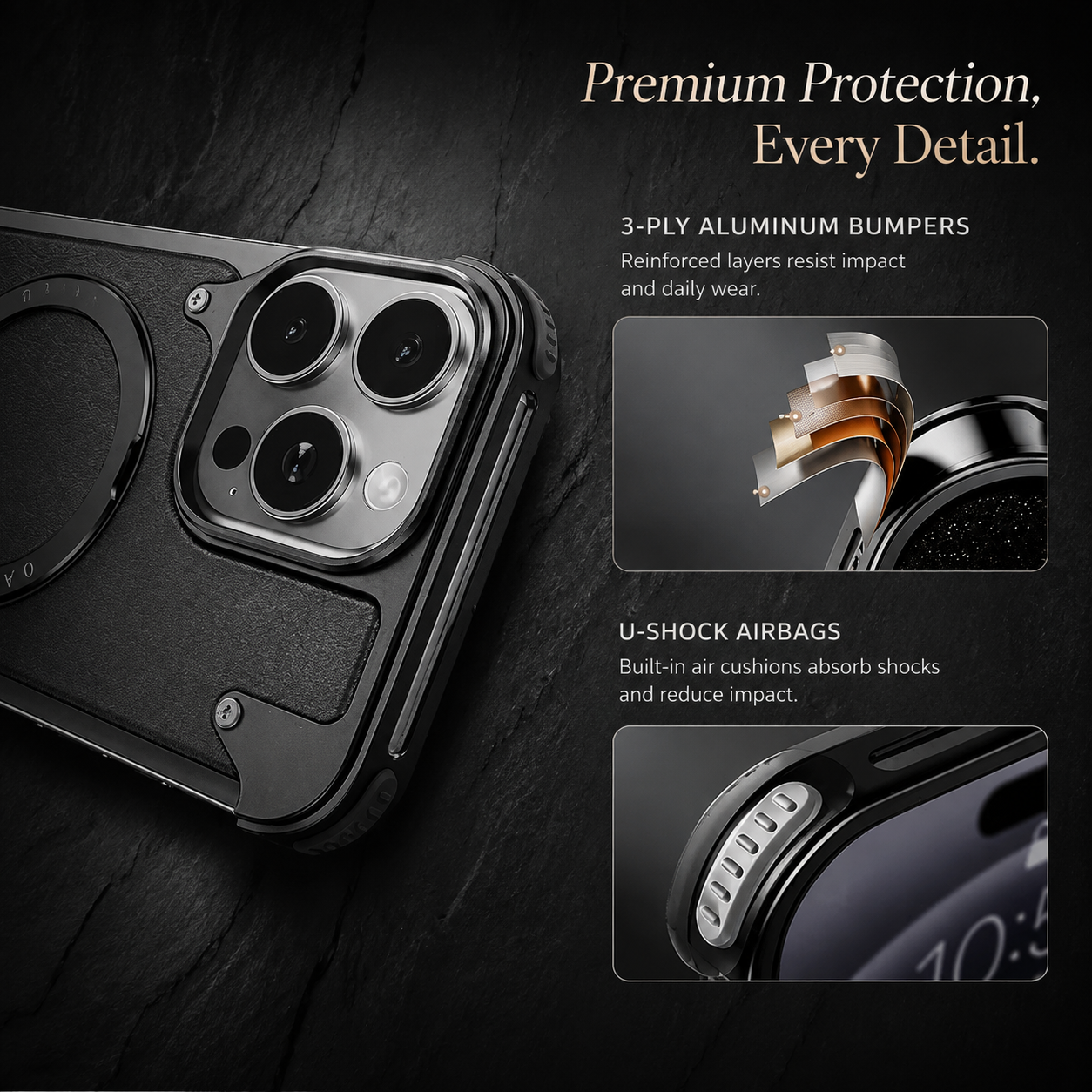 Premium Luxury iPhone Case Genuine Leather MagSafe Compatible Magnetic Cover Rotating Ring Stand Shockproof Frameless Slim Design Finish