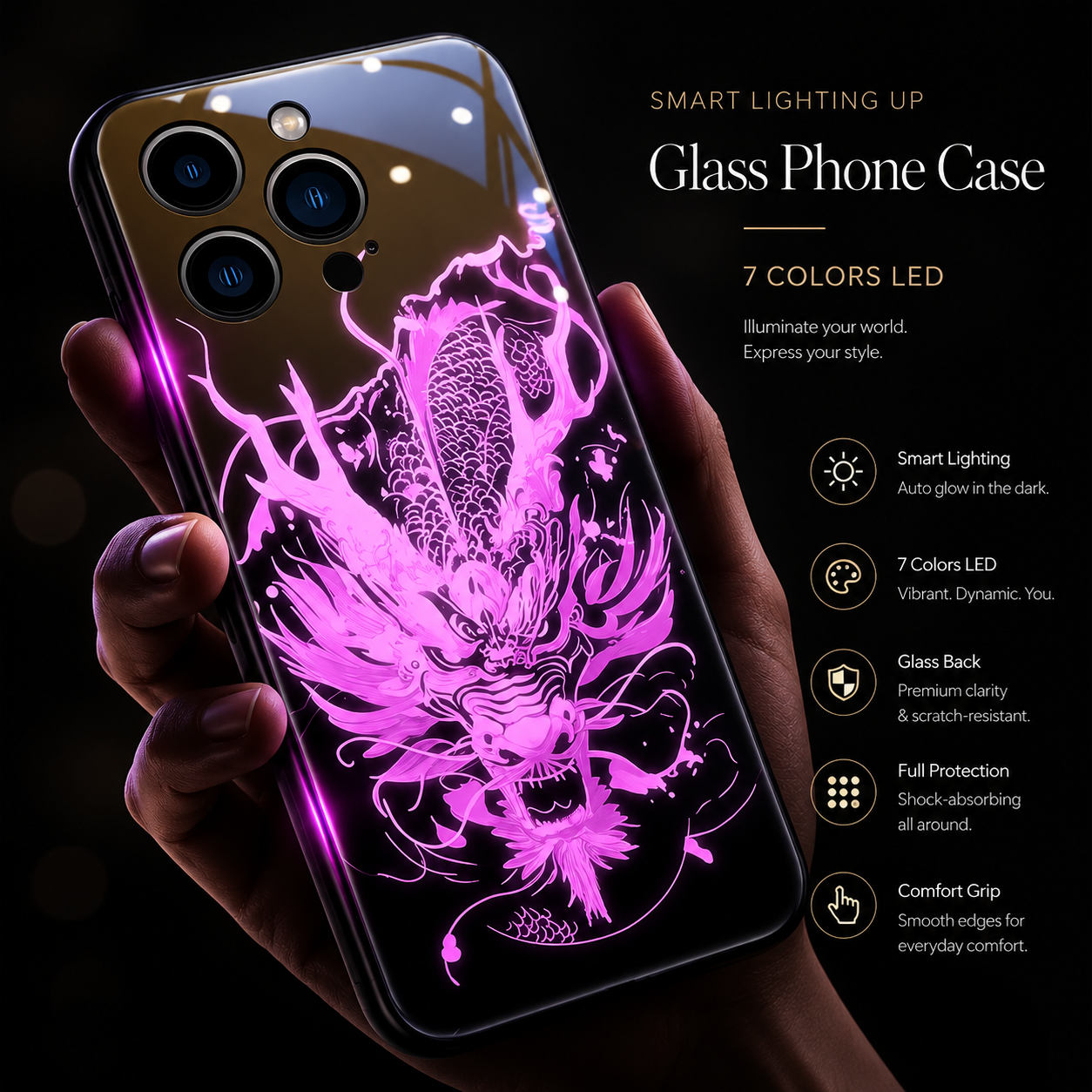 Premium Luxury iPhone Case LED Luminous Cover Golden Dragon Design Sound Reactive Tempered Glass Back Shockproof TPU Frame Ultra Thin Protection