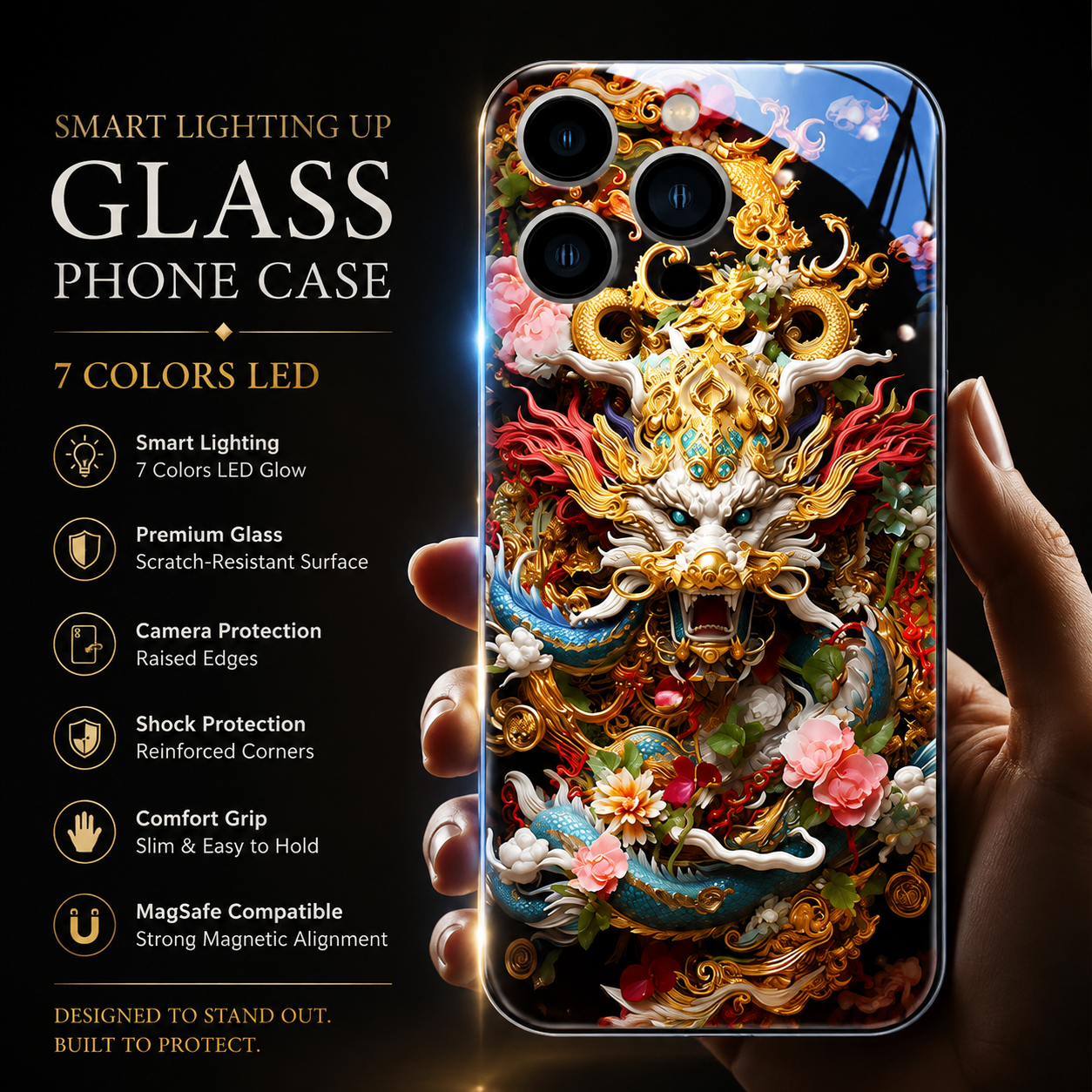 Premium Luxury iPhone Case LED Luminous Cover Golden Dragon Design Sound Reactive Tempered Glass Back Shockproof TPU Frame Ultra Thin Protection