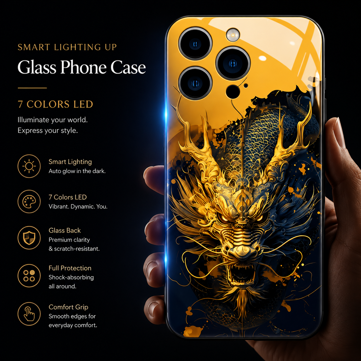 Premium Luxury iPhone Case LED Luminous Cover Golden Dragon Design Sound Reactive Tempered Glass Back Shockproof TPU Frame Ultra Thin Protection