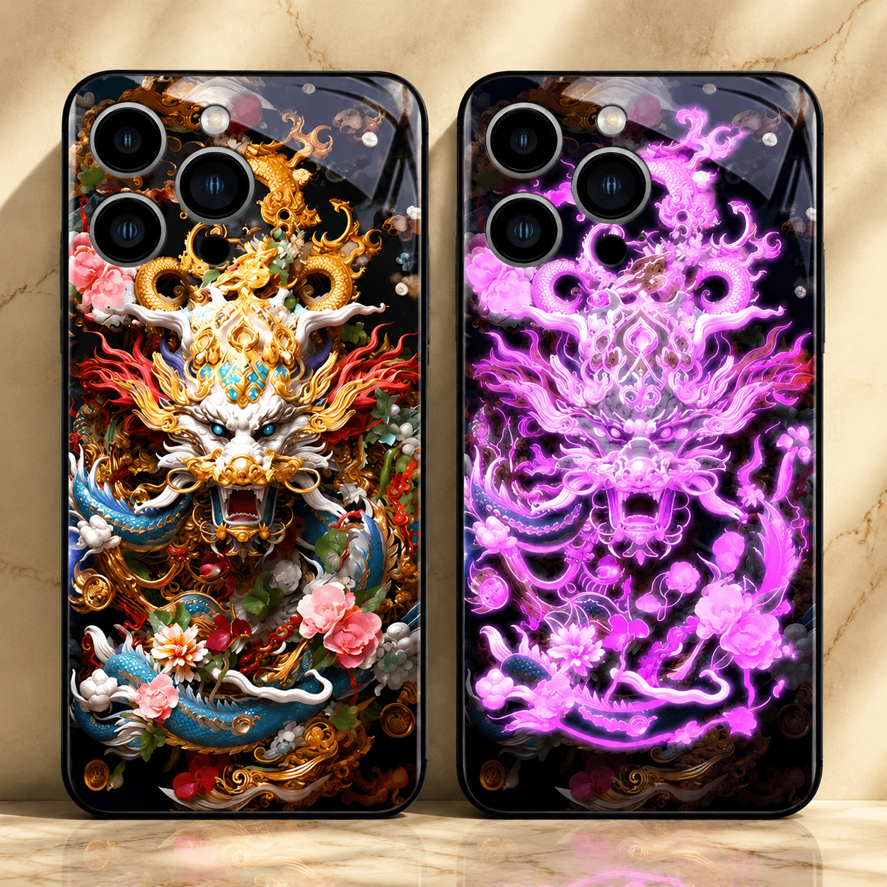 Premium Luxury iPhone Case LED Luminous Cover Golden Dragon Design Sound Reactive Tempered Glass Back Shockproof TPU Frame Ultra Thin Protection