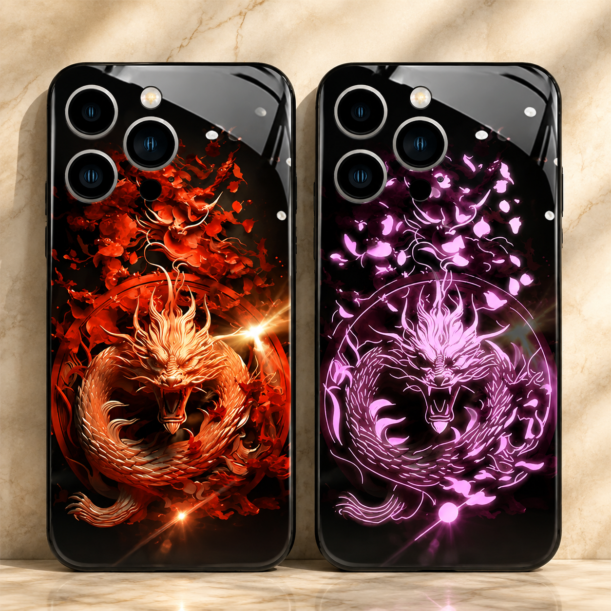 Premium Luxury iPhone Case LED Luminous Cover Golden Dragon Design Sound Reactive Tempered Glass Back Shockproof TPU Frame Ultra Thin Protection