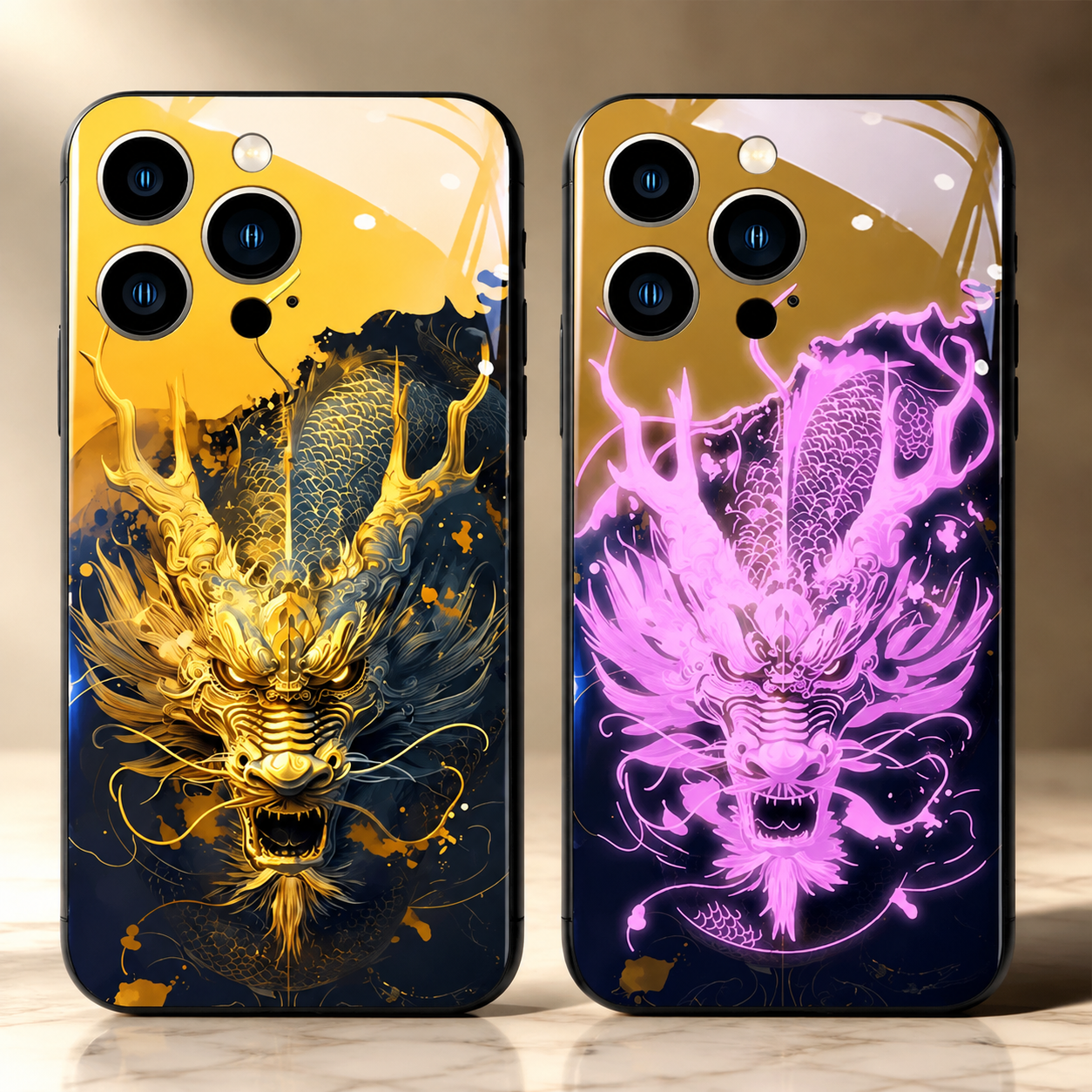 Premium Luxury iPhone Case LED Luminous Cover Golden Dragon Design Sound Reactive Tempered Glass Back Shockproof TPU Frame Ultra Thin Protection
