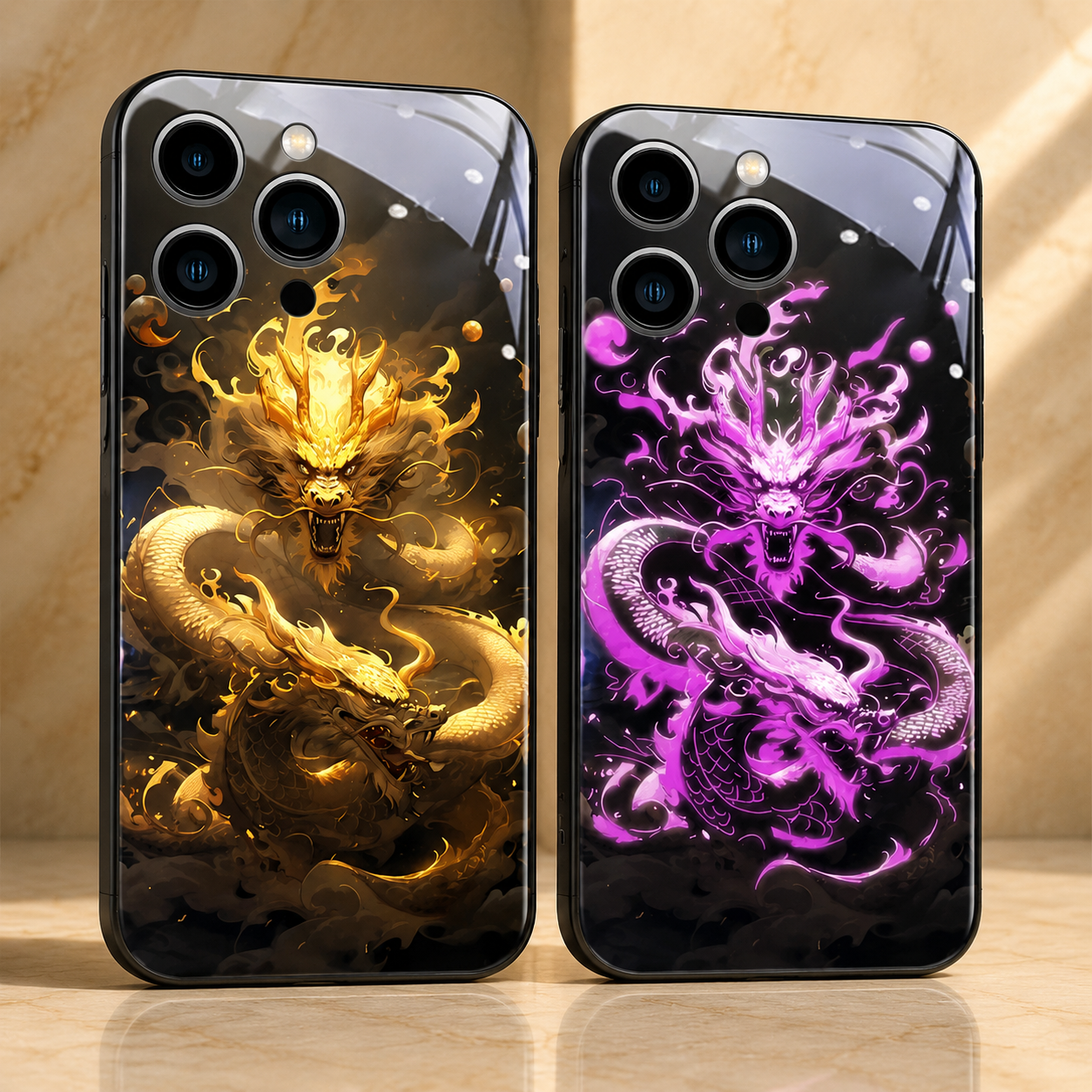 Premium Luxury iPhone Case LED Luminous Cover Golden Dragon Design Sound Reactive Tempered Glass Back Shockproof TPU Frame Ultra Thin Protection