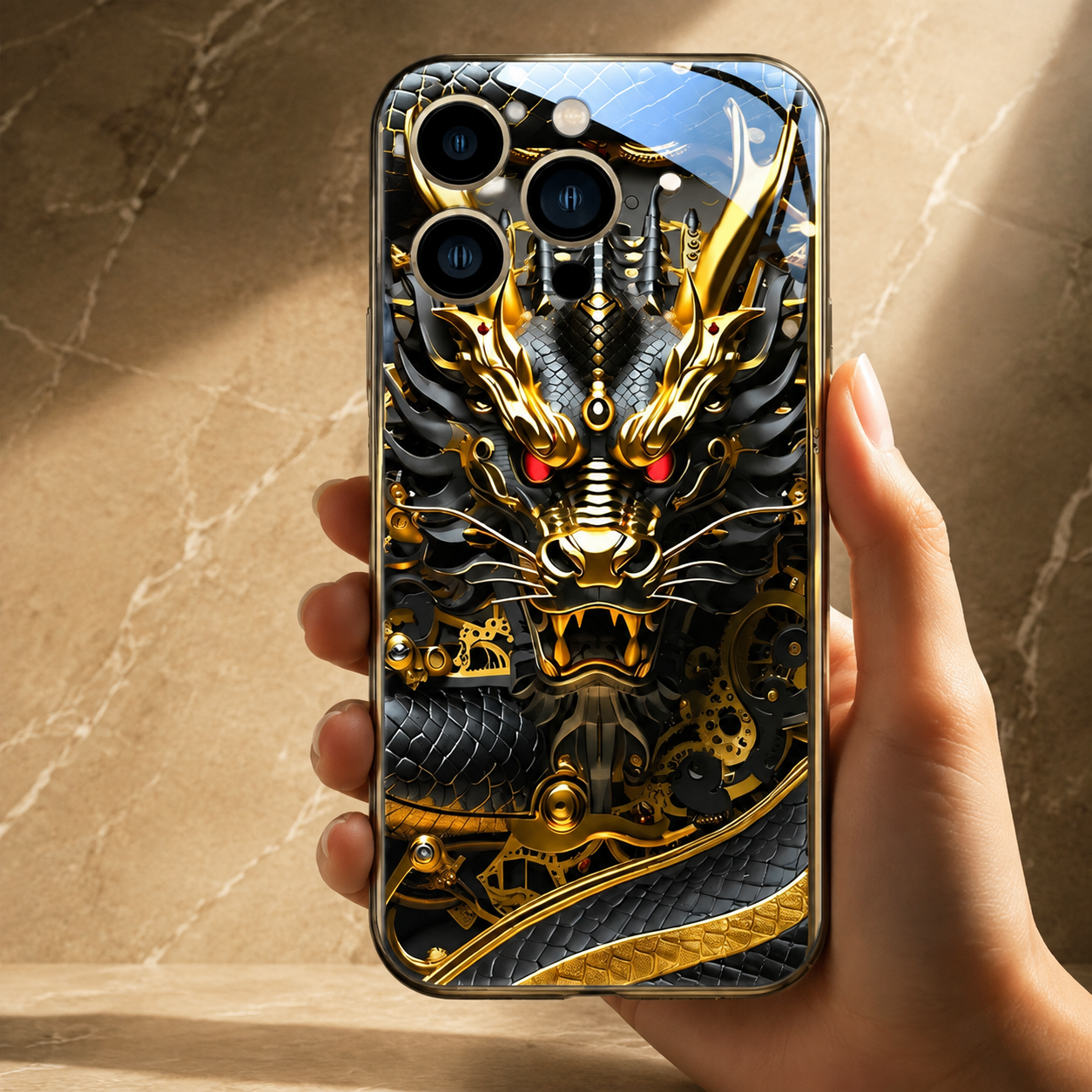 Premium Luxury iPhone Case LED Luminous Cover Golden Dragon Design Sound Reactive Tempered Glass Back Shockproof TPU Frame Ultra Thin Protection