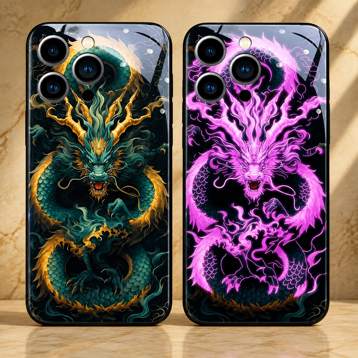 Premium Luxury iPhone Case LED Luminous Cover Golden Dragon Design Sound Reactive Tempered Glass Back Shockproof TPU Frame Ultra Thin Protection