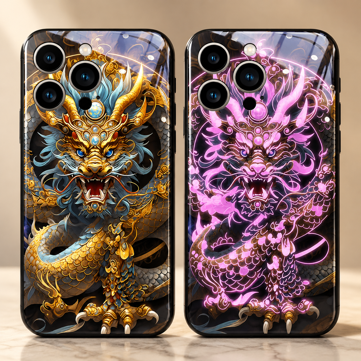 Premium Luxury iPhone Case LED Luminous Cover Golden Dragon Design Sound Reactive Tempered Glass Back Shockproof TPU Frame Ultra Thin Protection