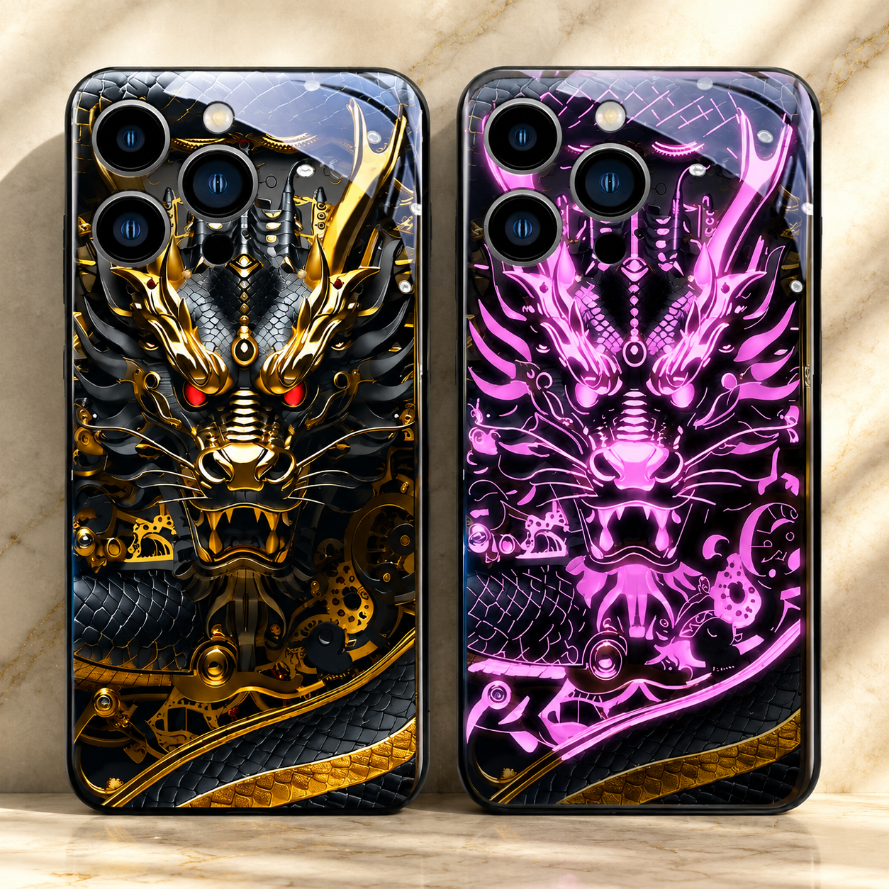 Premium Luxury iPhone Case LED Luminous Cover Golden Dragon Design Sound Reactive Tempered Glass Back Shockproof TPU Frame Ultra Thin Protection