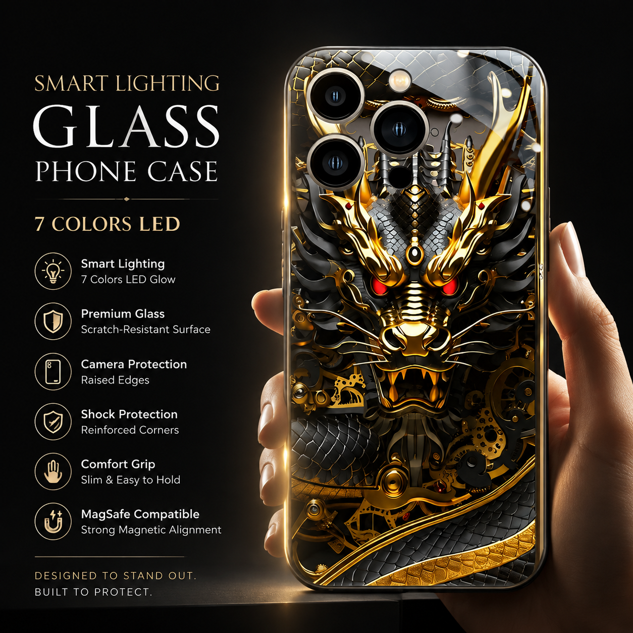 Premium Luxury iPhone Case LED Luminous Cover Golden Dragon Design Sound Reactive Tempered Glass Back Shockproof TPU Frame Ultra Thin Protection