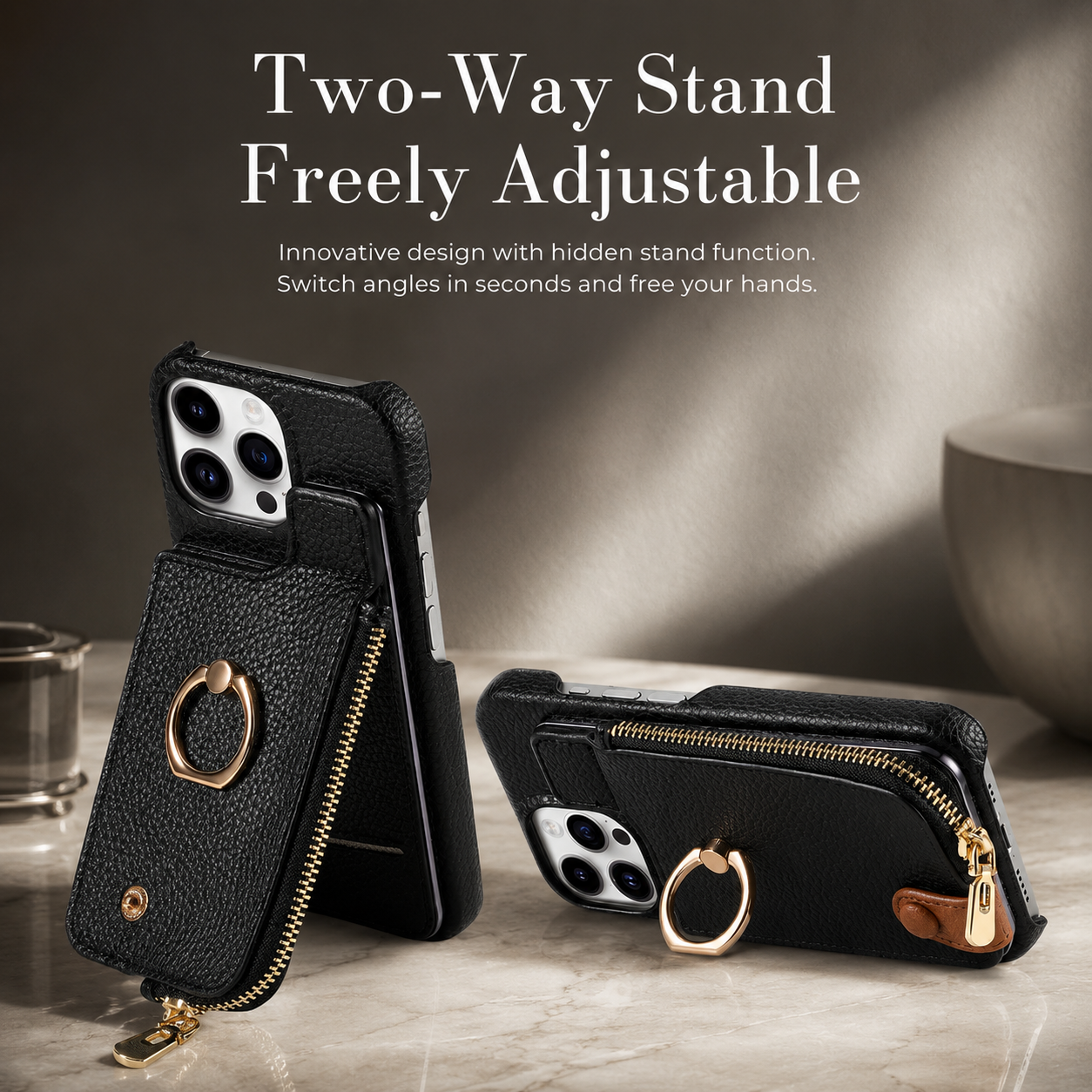 Premium Luxury iPhone Case Leather Zipper Wallet Cover Card Holder Ring Kickstand Magnetic Closure Shockproof Full Body Protection Slim Design Finish