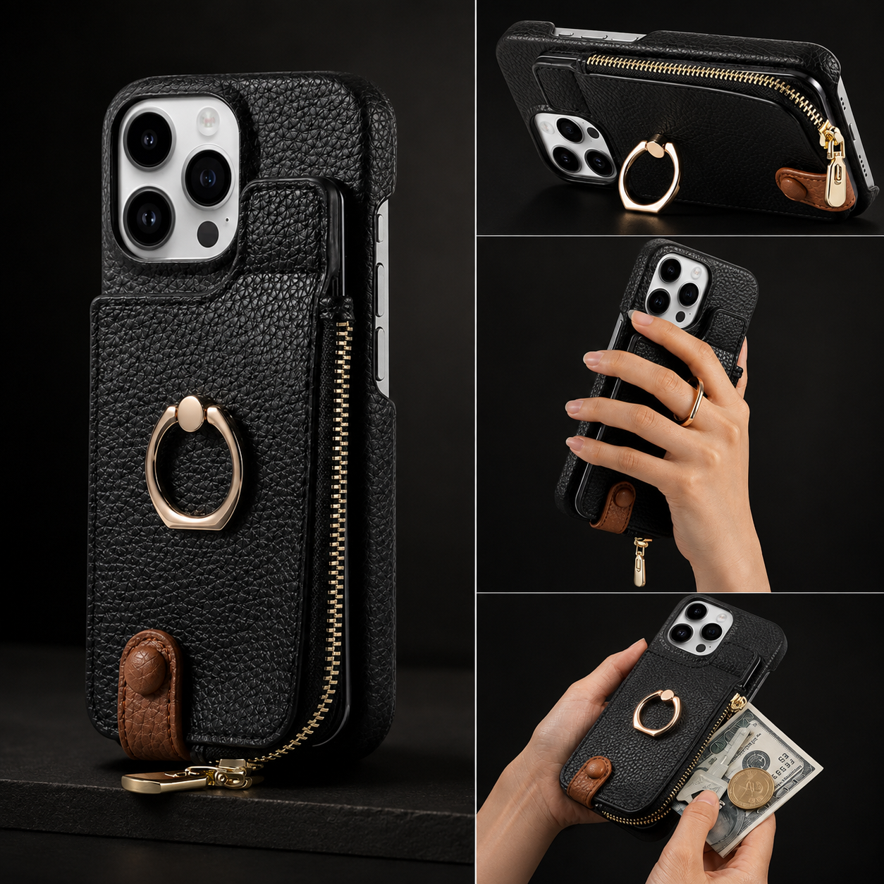 Premium Luxury iPhone Case Leather Zipper Wallet Cover Card Holder Ring Kickstand Magnetic Closure Shockproof Full Body Protection Slim Design Finish