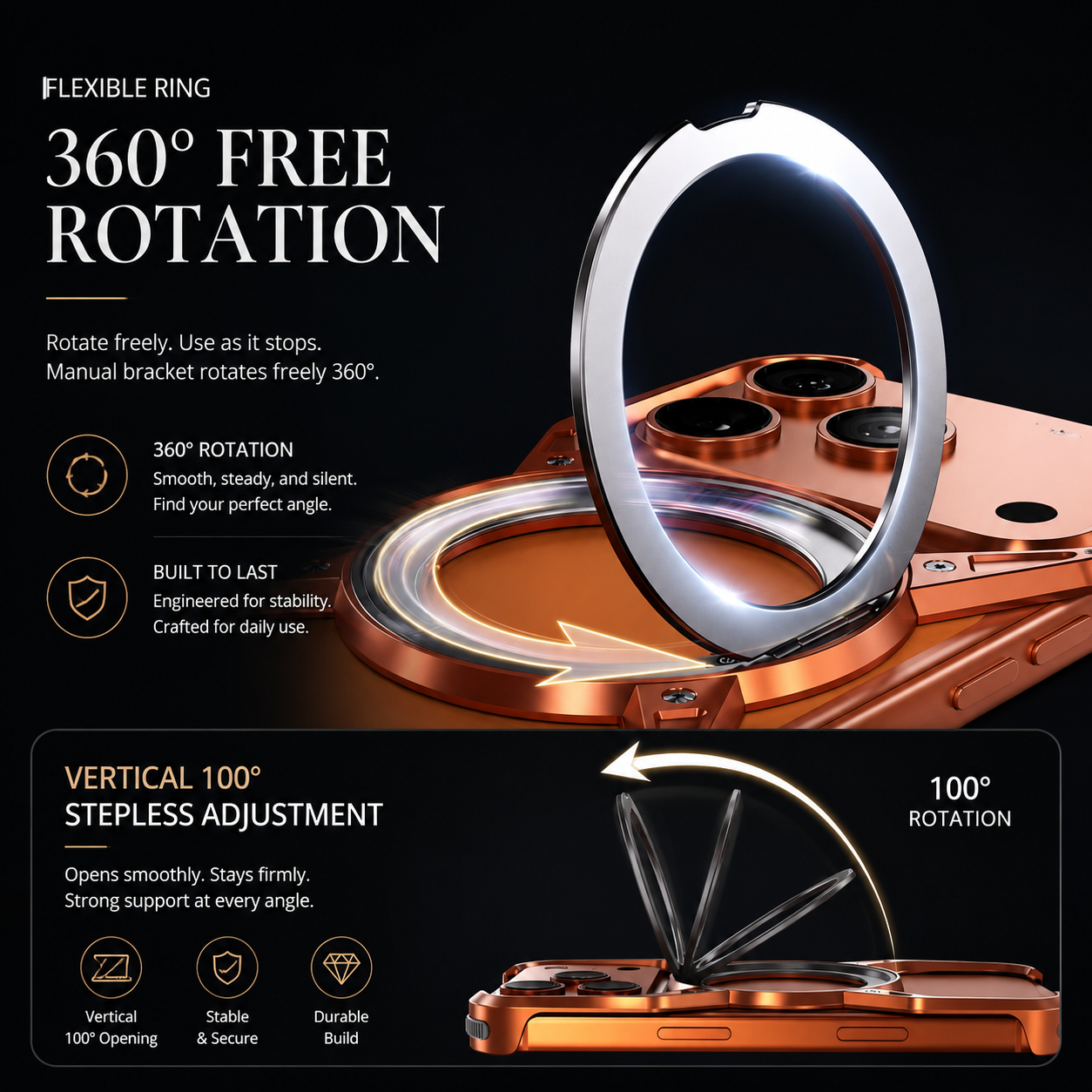 Premium Luxury iPhone Case MagSafe Compatible Aluminum Bumper Frame Cover 360° Rotating Ring Stand Shockproof Camera Protection Slim Design Finish