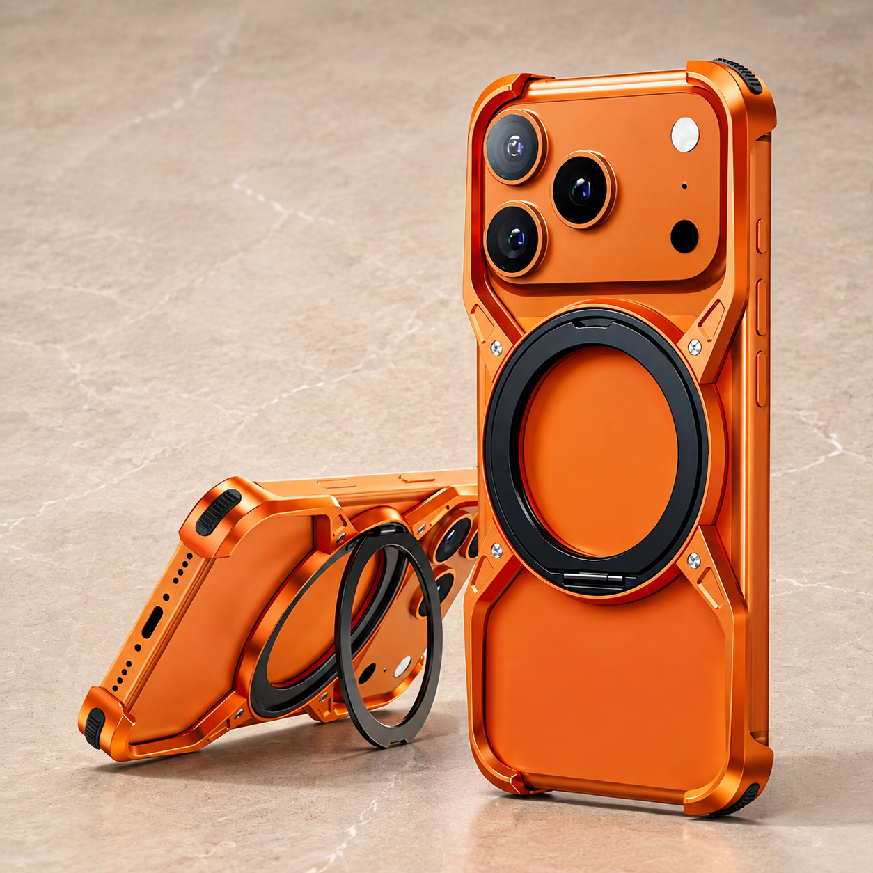 Premium Luxury iPhone Case MagSafe Compatible Aluminum Bumper Frame Cover 360° Rotating Ring Stand Shockproof Camera Protection Slim Design Finish