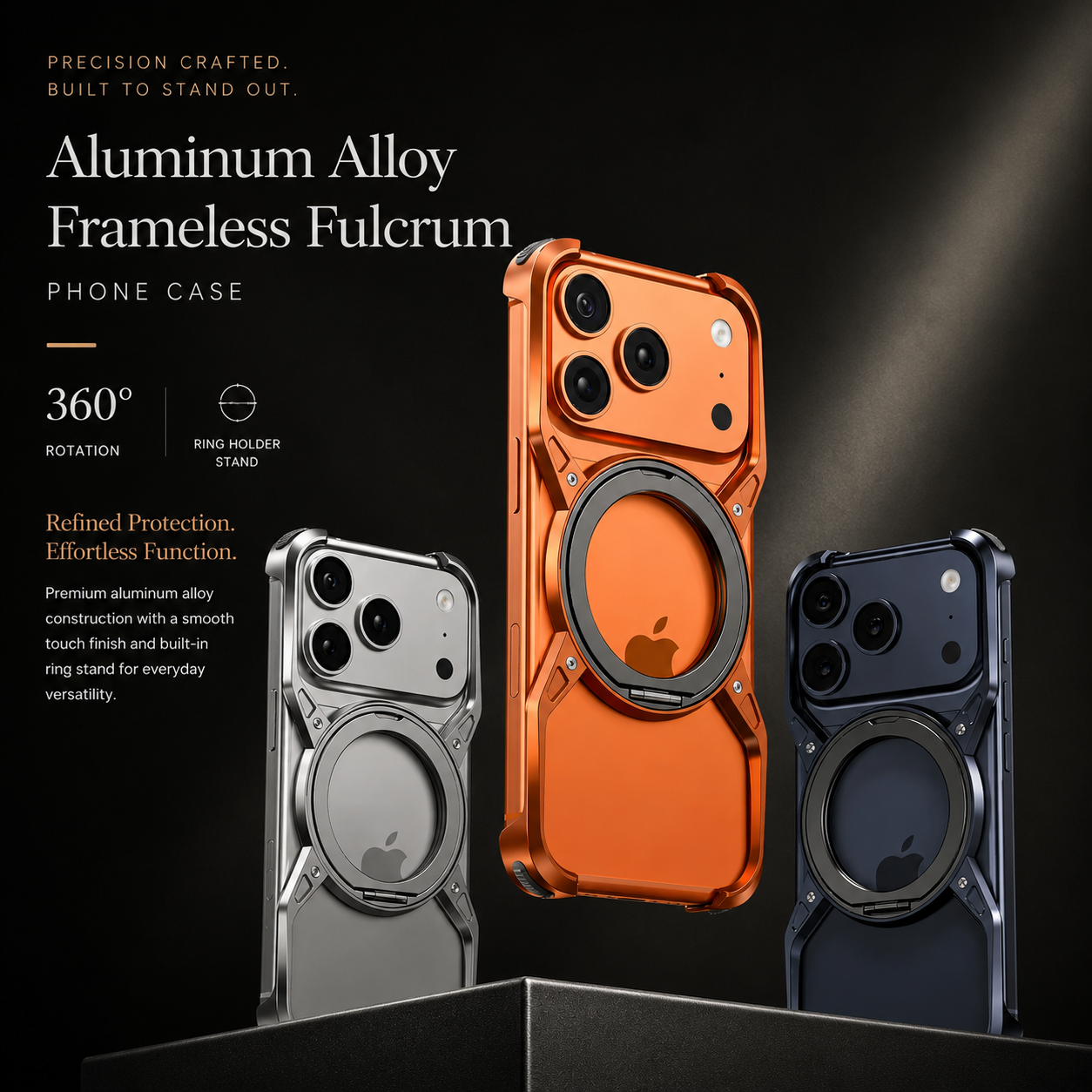 Premium Luxury iPhone Case MagSafe Compatible Aluminum Bumper Frame Cover 360° Rotating Ring Stand Shockproof Camera Protection Slim Design Finish