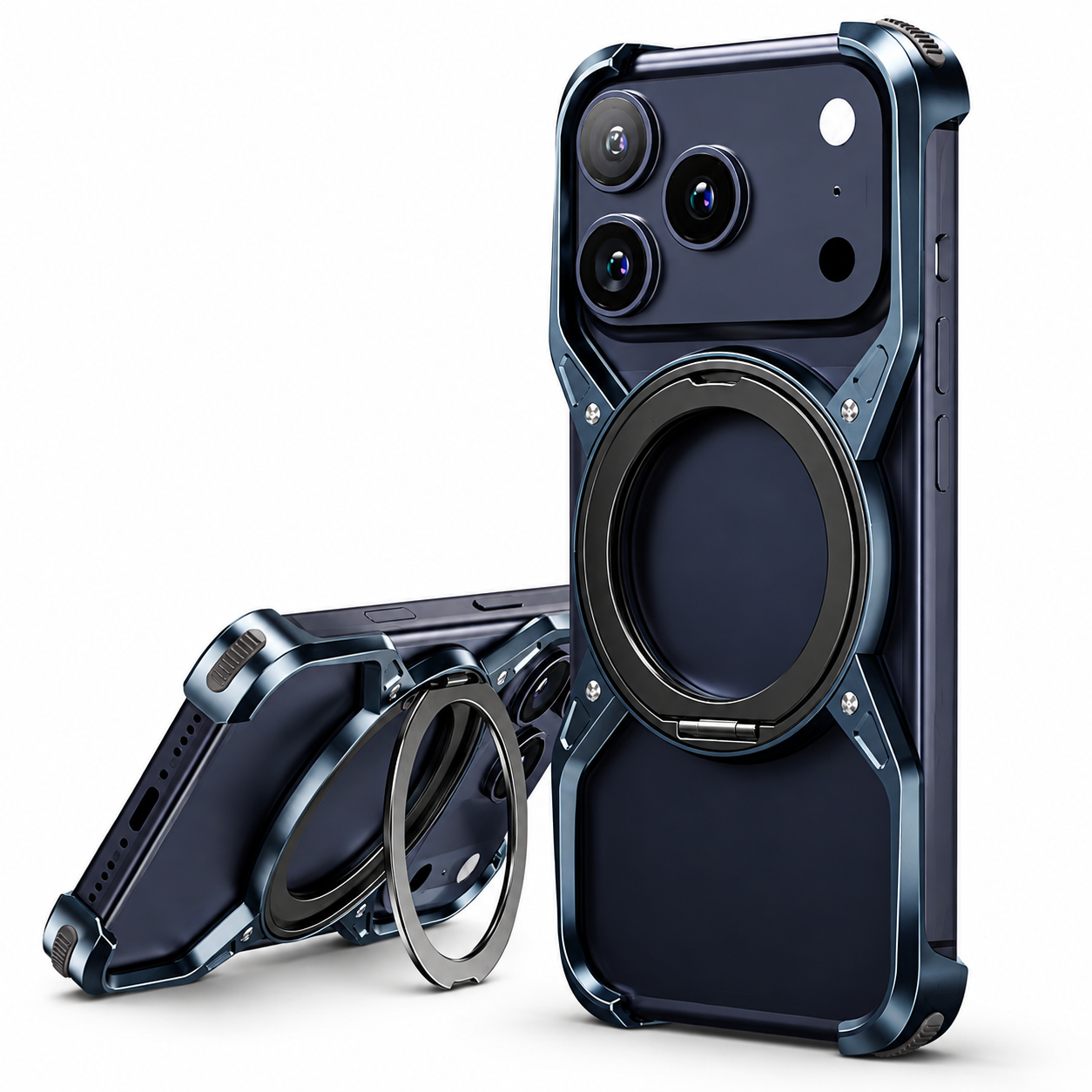 Premium Luxury iPhone Case MagSafe Compatible Aluminum Bumper Frame Cover 360° Rotating Ring Stand Shockproof Camera Protection Slim Design Finish