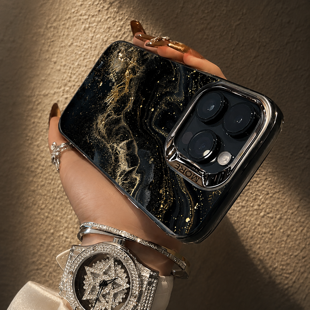 Premium Luxury iPhone Case MagSafe Compatible Black Marble Texture Cover Gold Edge Design Shockproof Camera Protection 3D Grip Slim Profile Finish