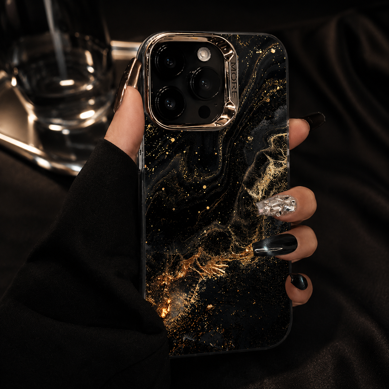 Premium Luxury iPhone Case MagSafe Compatible Black Marble Texture Cover Gold Edge Design Shockproof Camera Protection 3D Grip Slim Profile Finish
