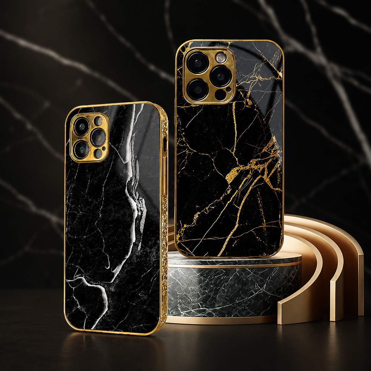 Premium Luxury iPhone Case MagSafe Compatible Black Marble Texture Cover Gold Edge Design Shockproof Camera Protection 3D Grip Slim Profile Finish