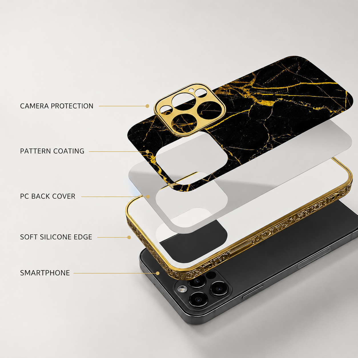 Premium Luxury iPhone Case MagSafe Compatible Black Marble Texture Cover Gold Edge Design Shockproof Camera Protection 3D Grip Slim Profile Finish