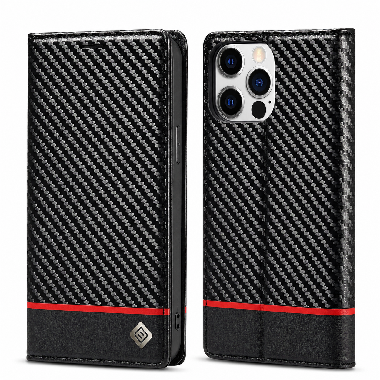 Premium Luxury iPhone Case MagSafe Compatible Carbon Fiber Leather Flip Wallet Cover Card Holder Kickstand Shockproof Camera Protection Slim Design Finish
