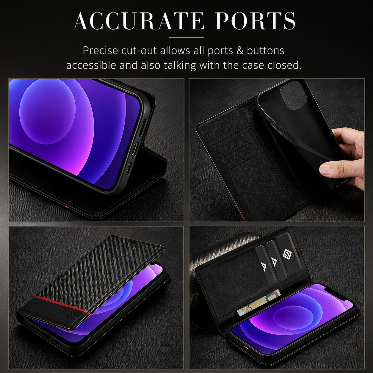 Premium Luxury iPhone Case MagSafe Compatible Carbon Fiber Leather Flip Wallet Cover Card Holder Kickstand Shockproof Camera Protection Slim Design Finish