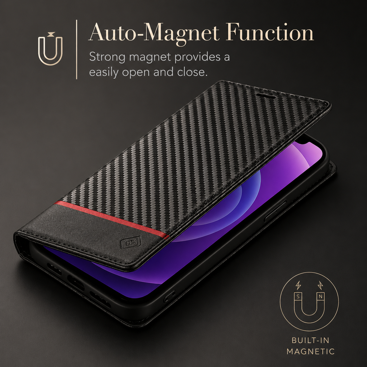 Premium Luxury iPhone Case MagSafe Compatible Carbon Fiber Leather Flip Wallet Cover Card Holder Kickstand Shockproof Camera Protection Slim Design Finish