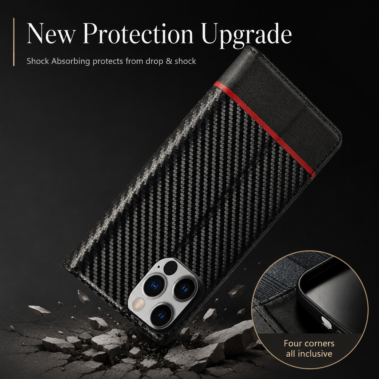 Premium Luxury iPhone Case MagSafe Compatible Carbon Fiber Leather Flip Wallet Cover Card Holder Kickstand Shockproof Camera Protection Slim Design Finish