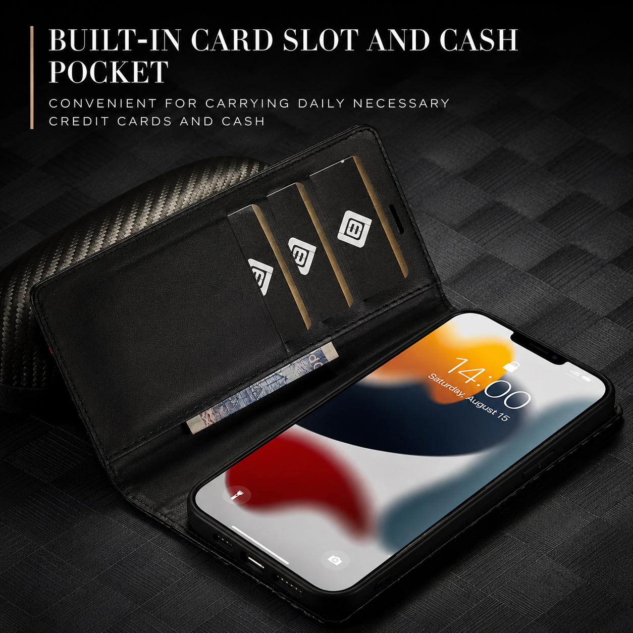 Premium Luxury iPhone Case MagSafe Compatible Carbon Fiber Leather Flip Wallet Cover Card Holder Kickstand Shockproof Camera Protection Slim Design Finish