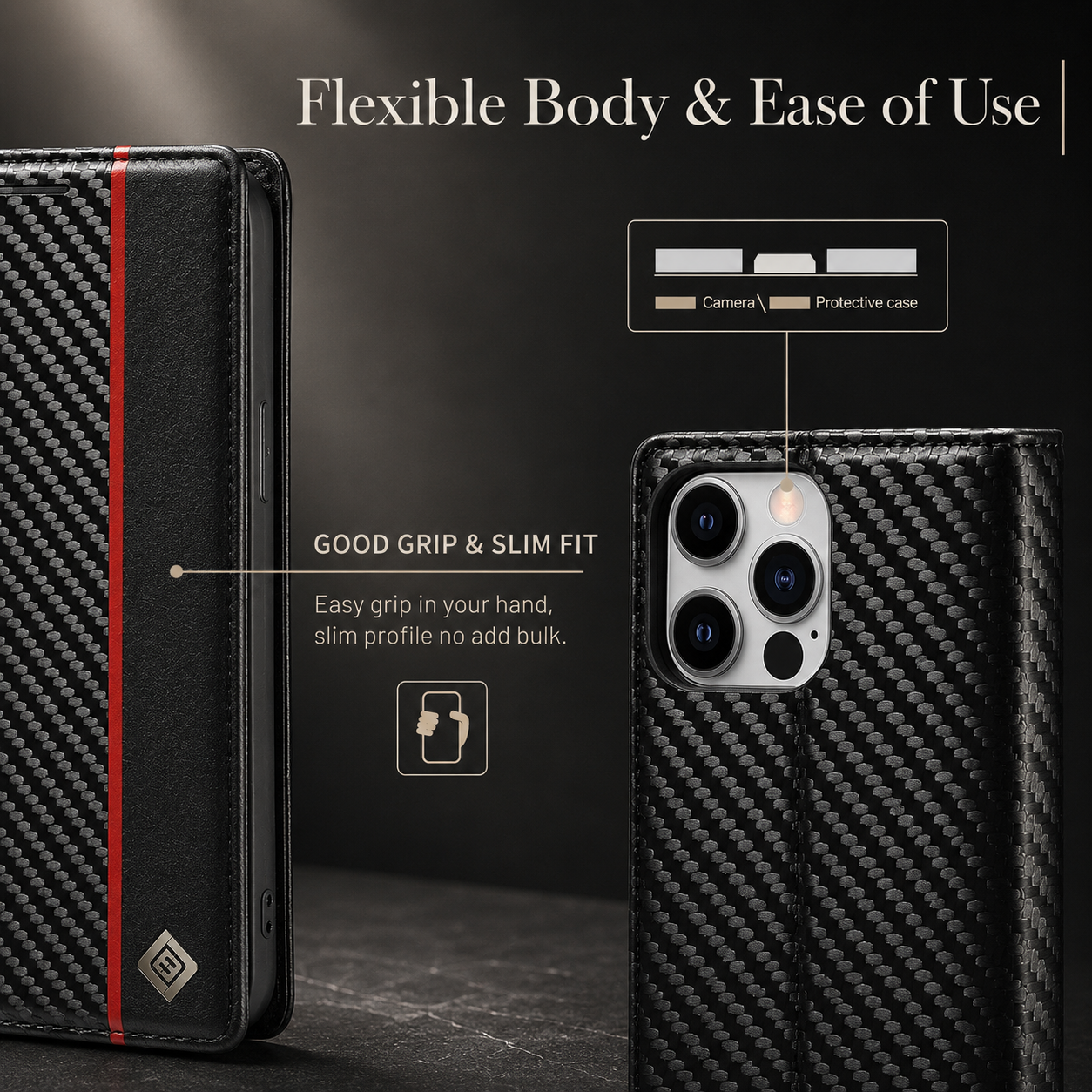 Premium Luxury iPhone Case MagSafe Compatible Carbon Fiber Leather Flip Wallet Cover Card Holder Kickstand Shockproof Camera Protection Slim Design Finish