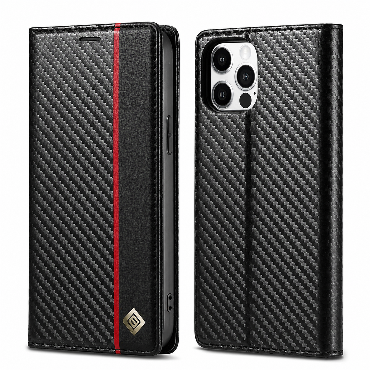 Premium Luxury iPhone Case MagSafe Compatible Carbon Fiber Leather Flip Wallet Cover Card Holder Kickstand Shockproof Camera Protection Slim Design Finish
