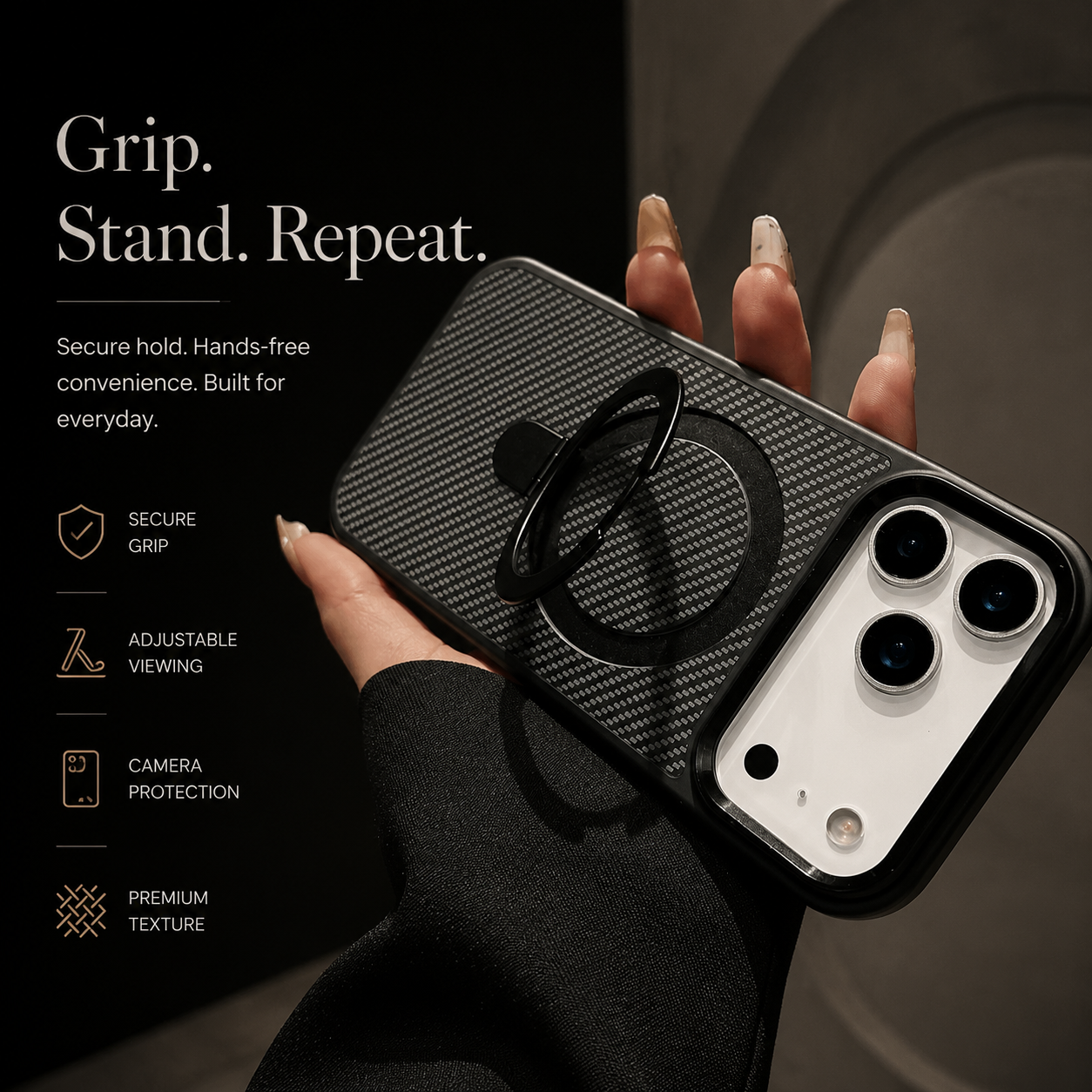 Premium Luxury iPhone Case MagSafe Compatible Carbon Fiber Texture Magnetic Stand Holder Cover Shockproof Half Wrapped PC Protective Durable Design