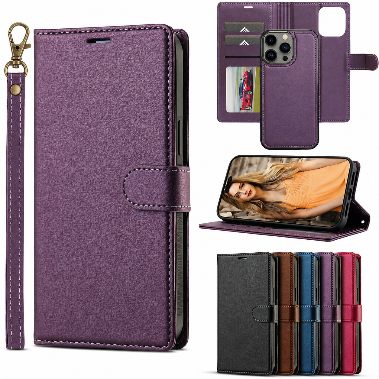 Premium Luxury iPhone Case MagSafe Compatible Detachable Leather Wallet Cover Flip Stand Card Holder Shockproof Camera Protection Slim Design Finish