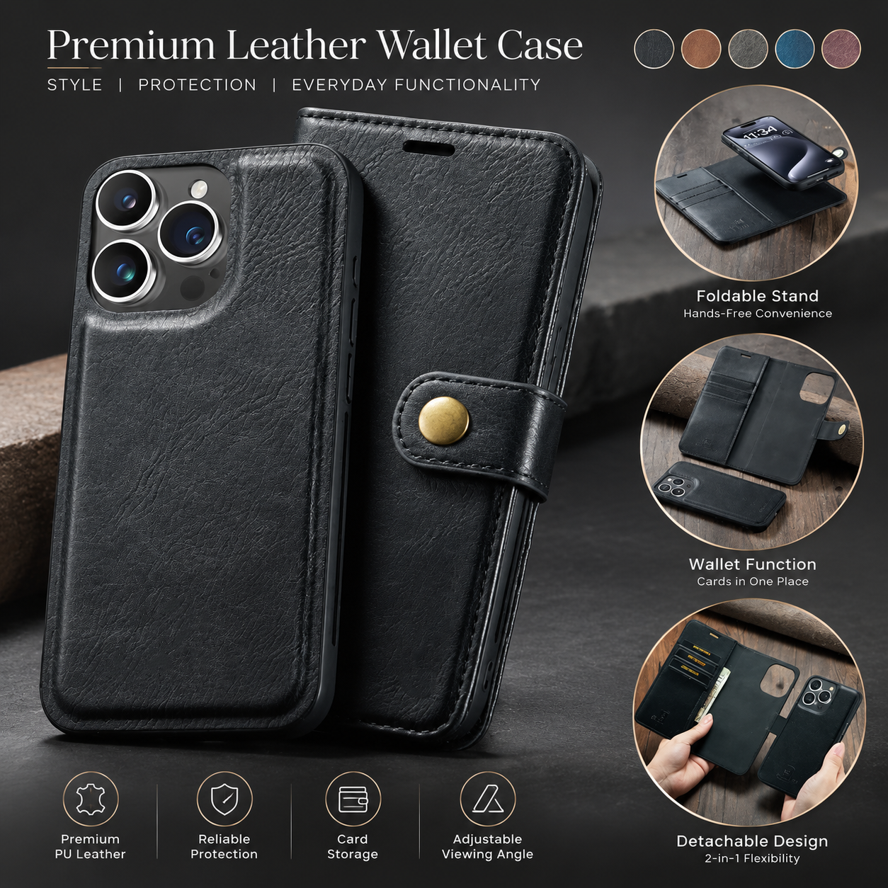 Premium Luxury iPhone Case MagSafe Compatible Detachable Magnetic Wallet Leather Cover Card Holder Shockproof Camera Protection Slim Design Finish