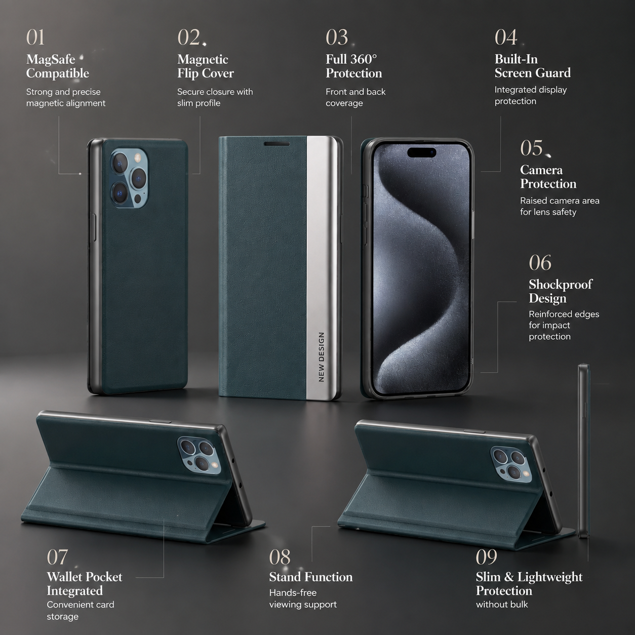 Premium Luxury iPhone Case MagSafe Compatible Flip Wallet Cover Card Holder Kickstand Magnetic Closure Shockproof Screen Protection Slim Design Finish
