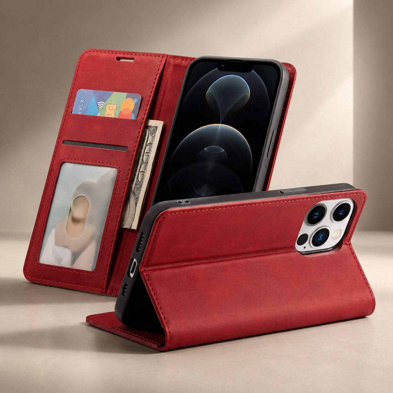 Premium Luxury iPhone Case MagSafe Compatible Flip Wallet Leather Cover Card Holder Magnetic Closure Kickstand Shockproof Camera Protection Durable Design Finish