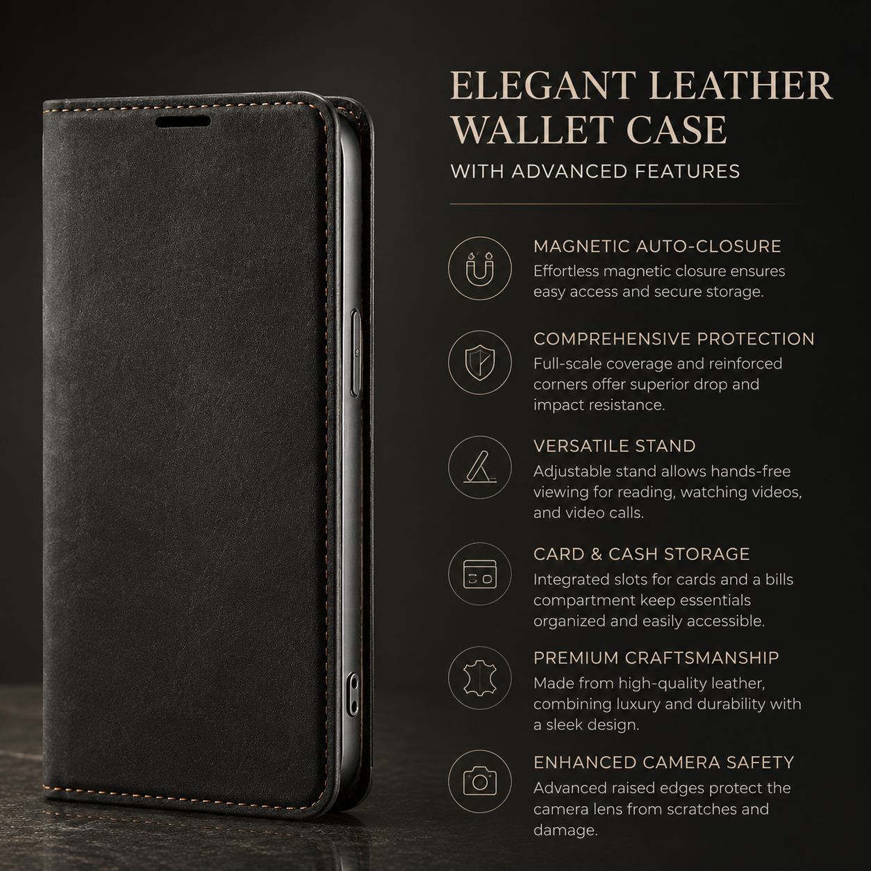 Premium Luxury iPhone Case MagSafe Compatible Flip Wallet Leather Cover Card Holder Magnetic Closure Kickstand Shockproof Camera Protection Durable Design Finish