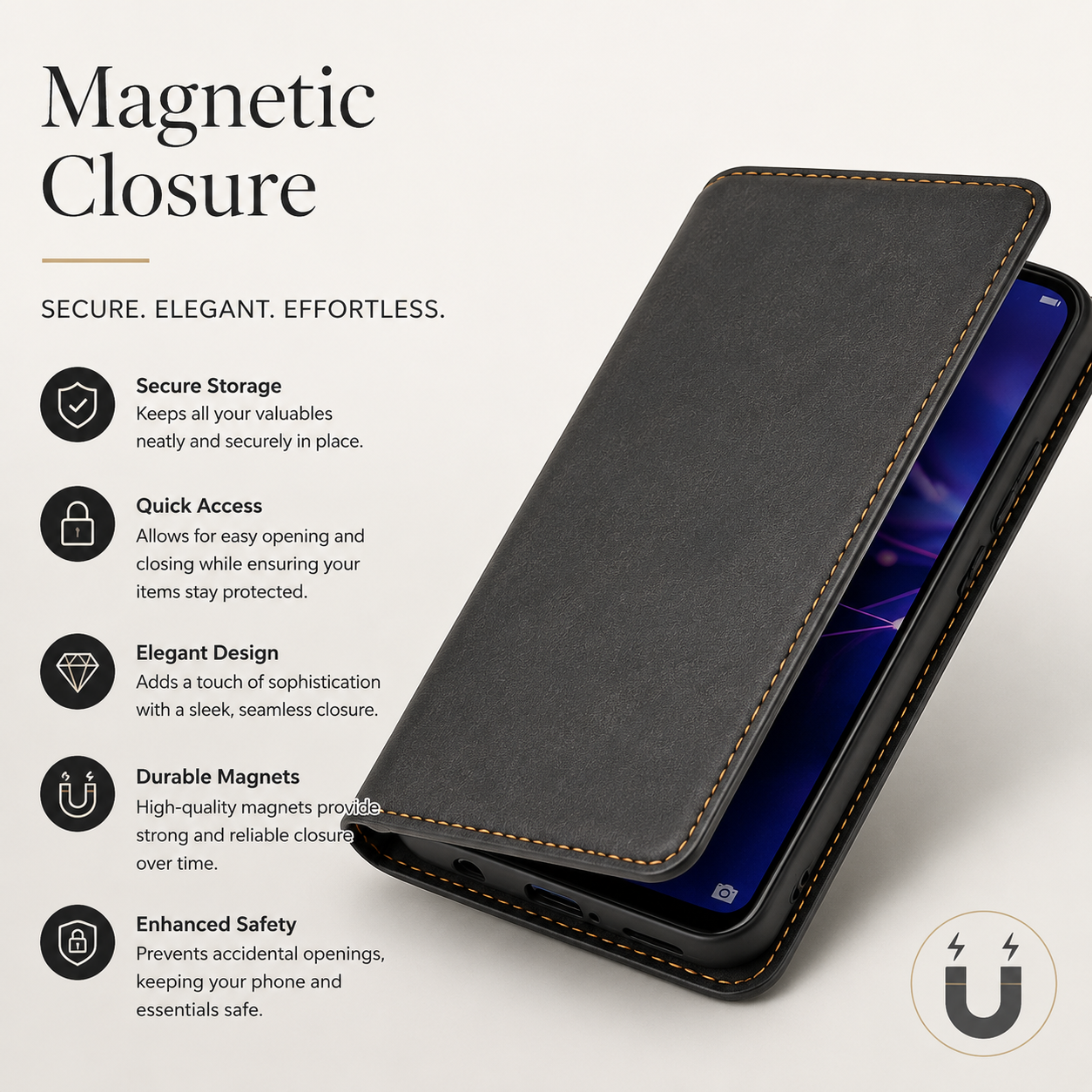 Premium Luxury iPhone Case MagSafe Compatible Flip Wallet Leather Cover Card Holder Magnetic Closure Kickstand Shockproof Camera Protection Durable Design Finish