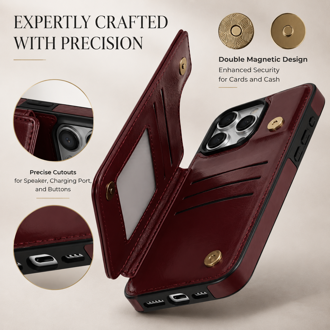 Premium Luxury iPhone Case MagSafe Compatible Flip Wallet Leather Cover RFID Blocking Card Holder Magnetic Closure Kickstand Shockproof Protective Design Finish