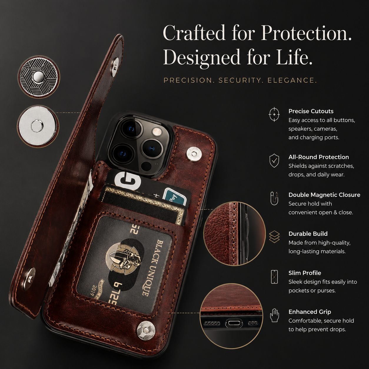 Premium Luxury iPhone Case MagSafe Compatible Flip Wallet Leather Cover RFID Blocking Card Holder Magnetic Closure Kickstand Shockproof Protective Design Finish