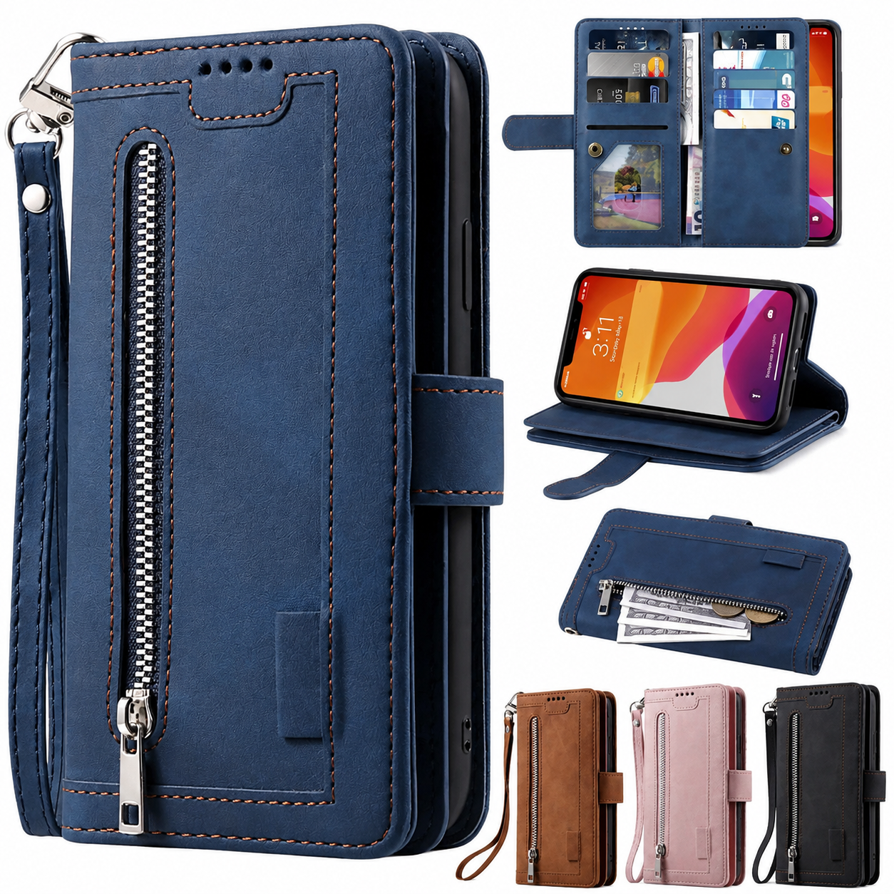 Premium Luxury iPhone Case MagSafe Compatible Flip Wallet Leather Cover Zipper Card Holder Strap Kickstand Shockproof Camera Protection Design Finish