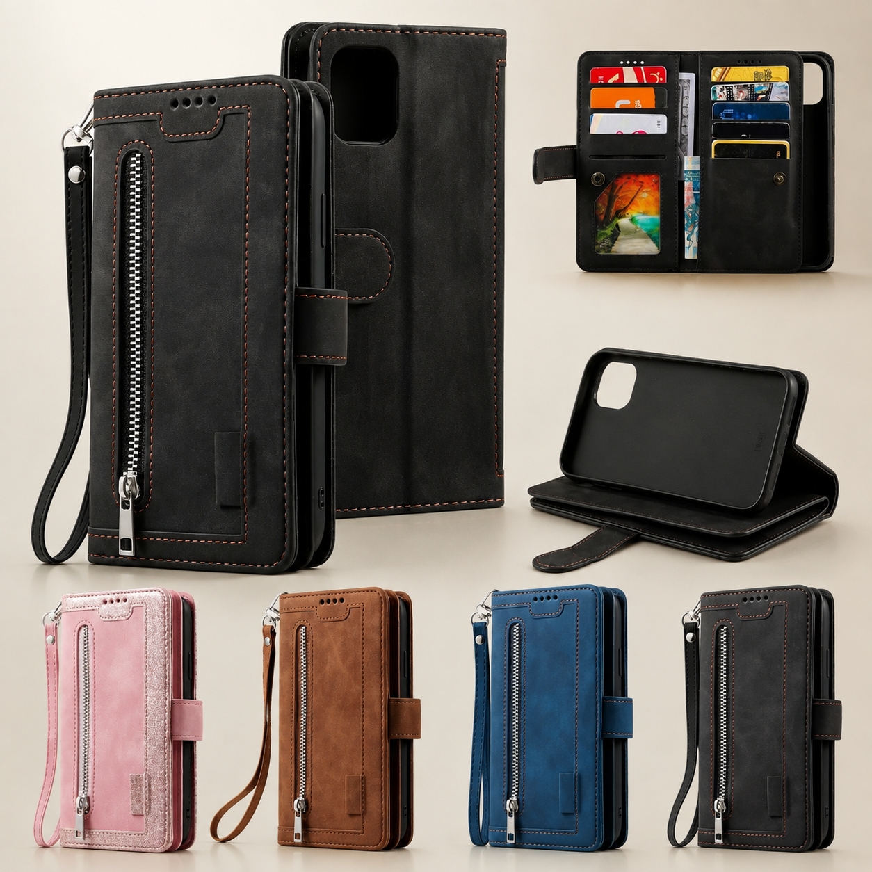 Premium Luxury iPhone Case MagSafe Compatible Flip Wallet Leather Cover Zipper Card Holder Strap Kickstand Shockproof Camera Protection Design Finish